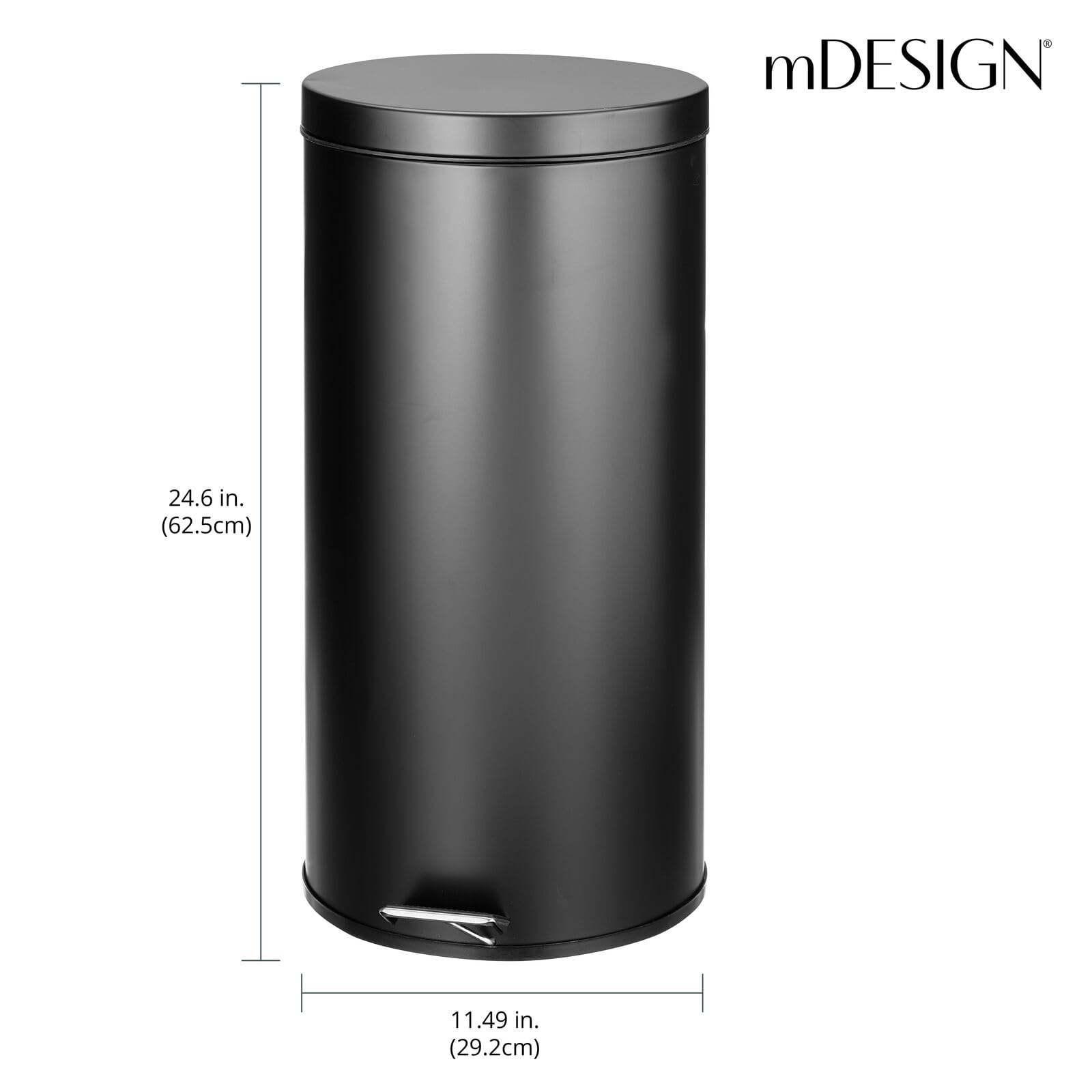 mDesign 30L/7 Gallon Large Round Step Trash Can with Lid - Slim Metal Garbage Bin with Removable Liner for Bathroom, Kitchen, Office, Garage - Perfect for Waste Disposal in Compact Spaces - Black