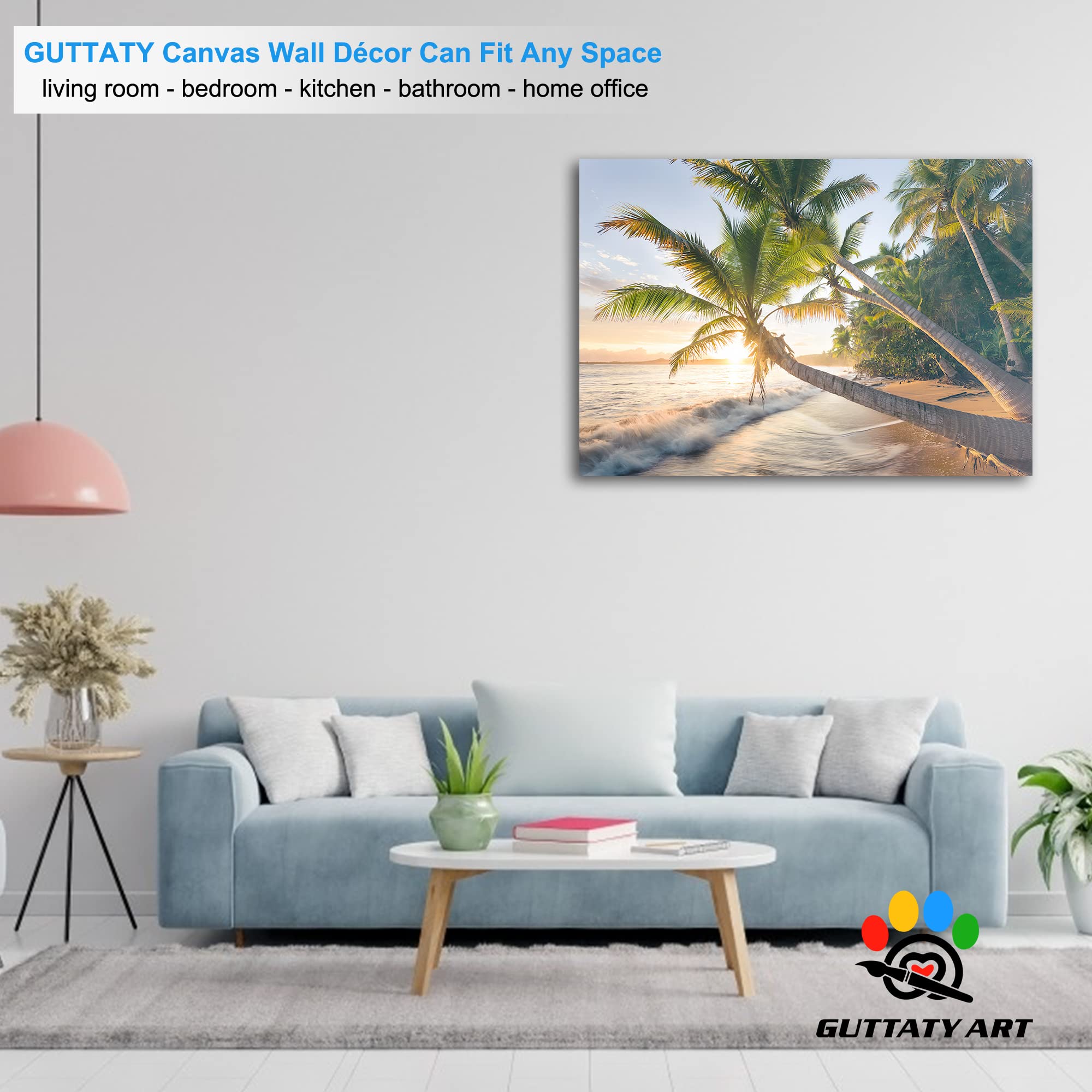 Large Coconut Tree & Beach Canvas Wall Art - Ocean Coastal Painting for Living Room Decor - Framed Seascape Print (28x40 Inches) - Perfect for Beach House, Vacation Home & Coastal Theme Bedrooms
