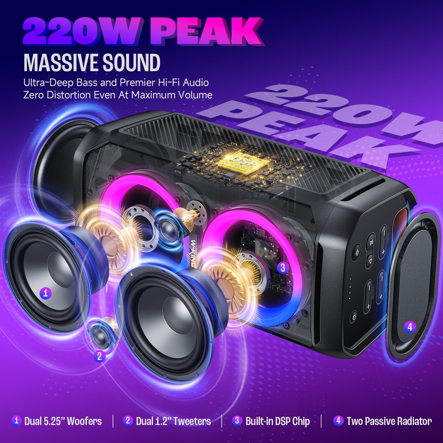 W-KING 220W Peak Bluetooth Speaker - 115dB Loud Sound, Deep Bass, IPX6 Waterproof, BT5.3, 24H Battery, EQ, Echo, DSP, RGB Lights - Portable Party Boombox for Outdoor, Beach, Camping, and Home Use