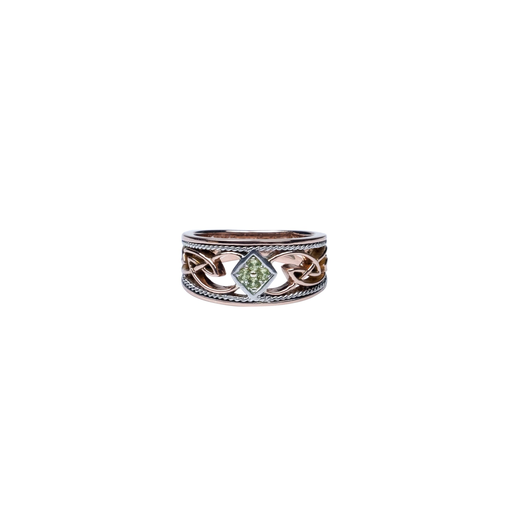 10K Rose Gold & White Gold Peridot Eternity Knot Rosail Ring - Elegant Wedding Band, Anniversary Gift for Her, Perfect for Bridal Jewelry & Special Occasions