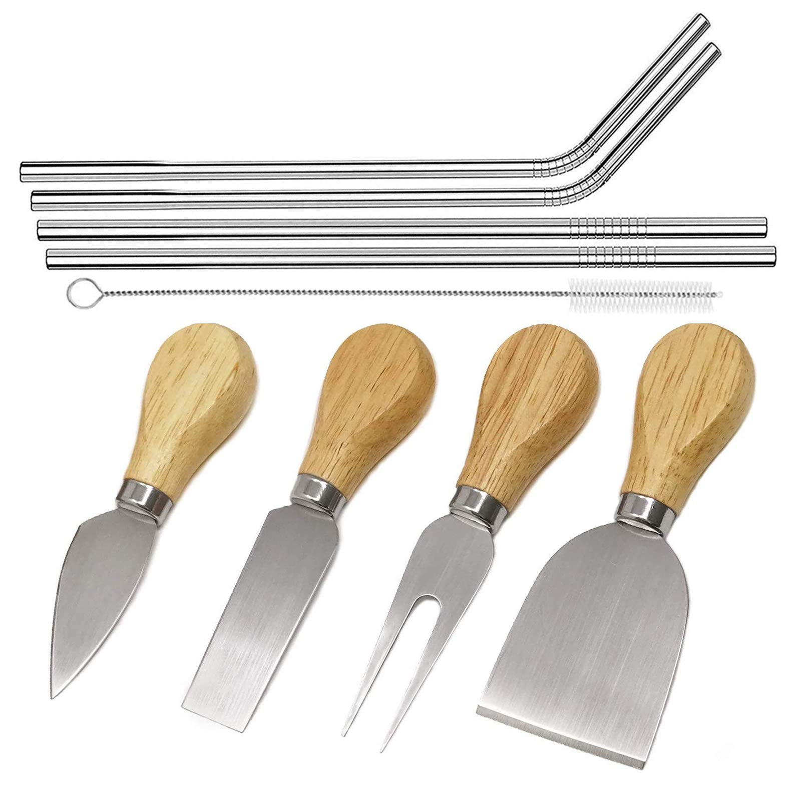 Premium Stainless Steel Cheese Knives Set with Wooden Handle - 4 Cheese Slicers & 4 Straws for Cheese Tasting - Perfect for Charcuterie Boards, Wine Parties & Gourmet Cheese Platters