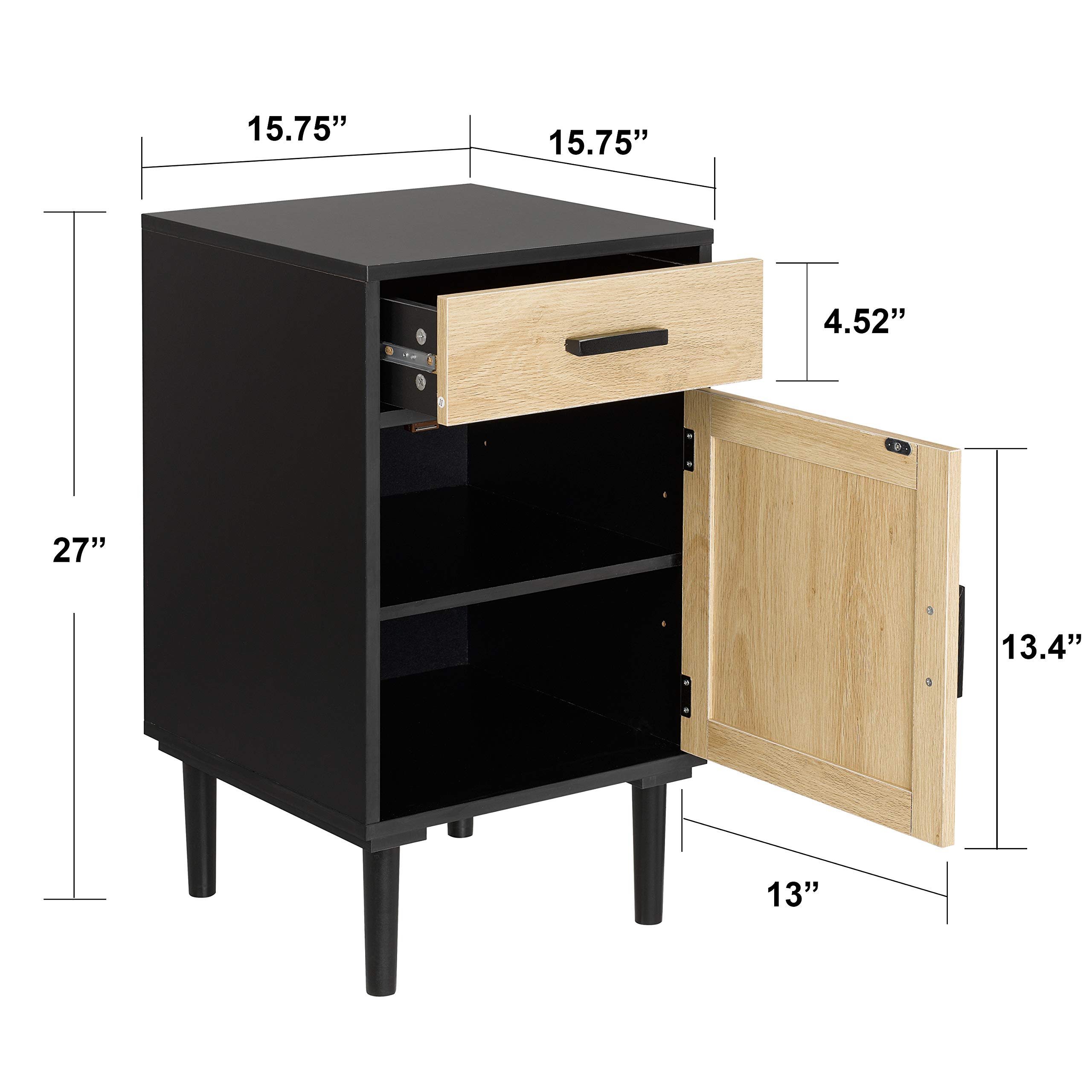 Finnhomy 2-Pack Tall Nightstands with Drawer & Shelf - Handmade Rattan Decorated Doors, Bedside Storage Tables for Bedroom - Black - Perfect for Small Spaces, Guest Rooms & Apartment Living