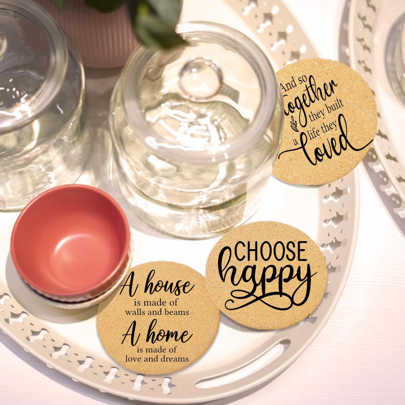 6-Pack Absorbent Cork Drink Coasters with Holder - Cute Round 4