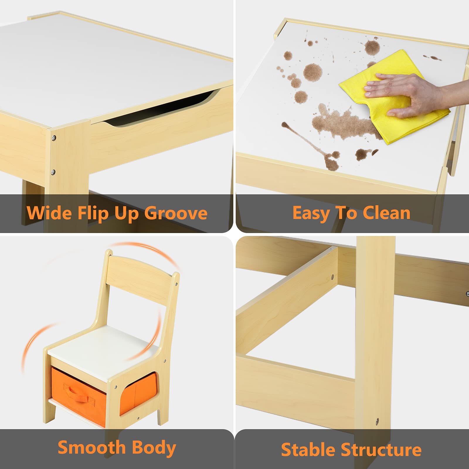 Kinder King Kids Wooden Table and 2 Chairs Set - 3-in-1 Children's Activity Table with Storage, Removable Tabletop & Blackboard - 3-Piece Toddler Furniture for Art, Drawing, Reading - Perfect for Playroom, Homeschooling & Daycare (Natural Wood)