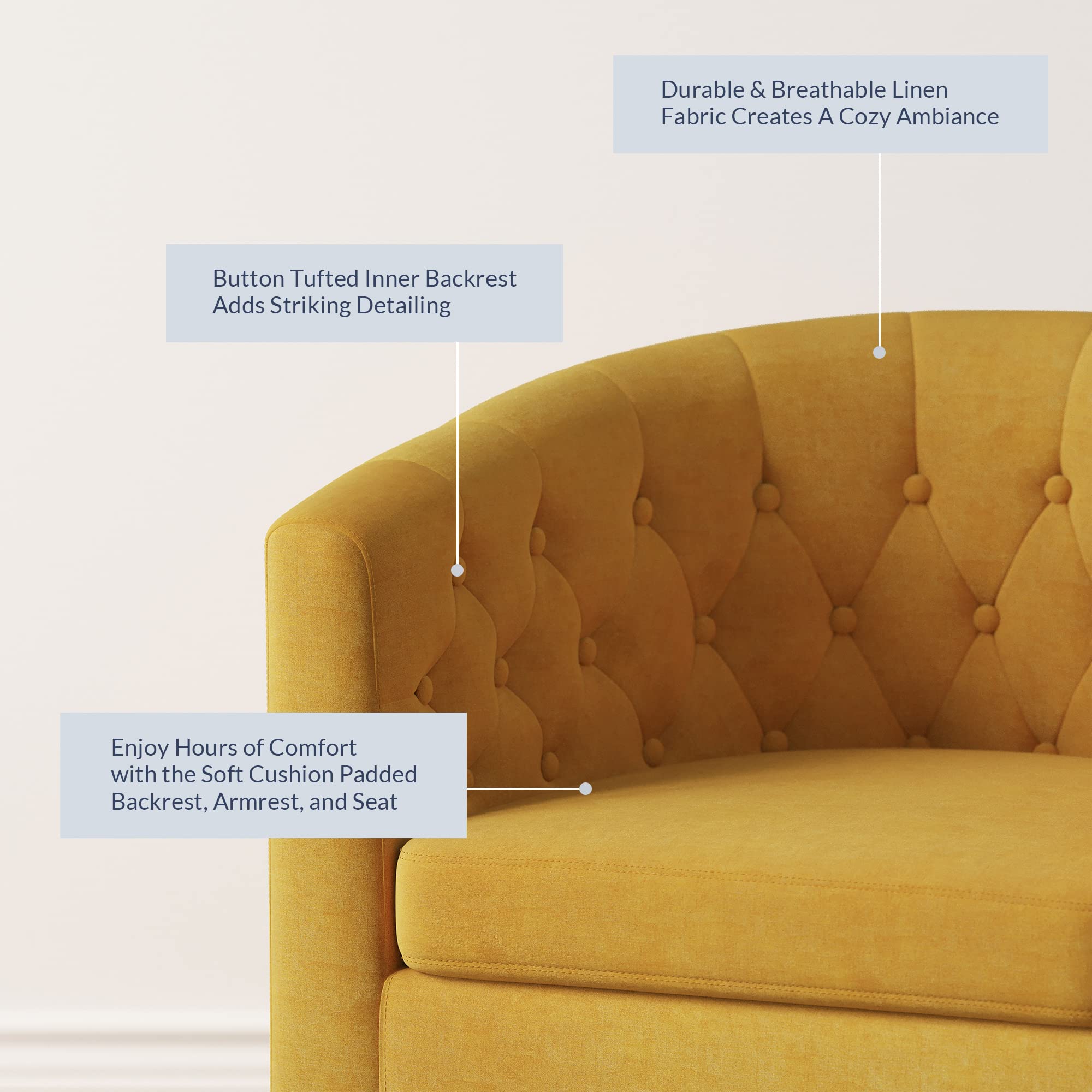 Elegant Yellow Tufted Barrel Chair for Living Room & Bedroom - Linen Fabric