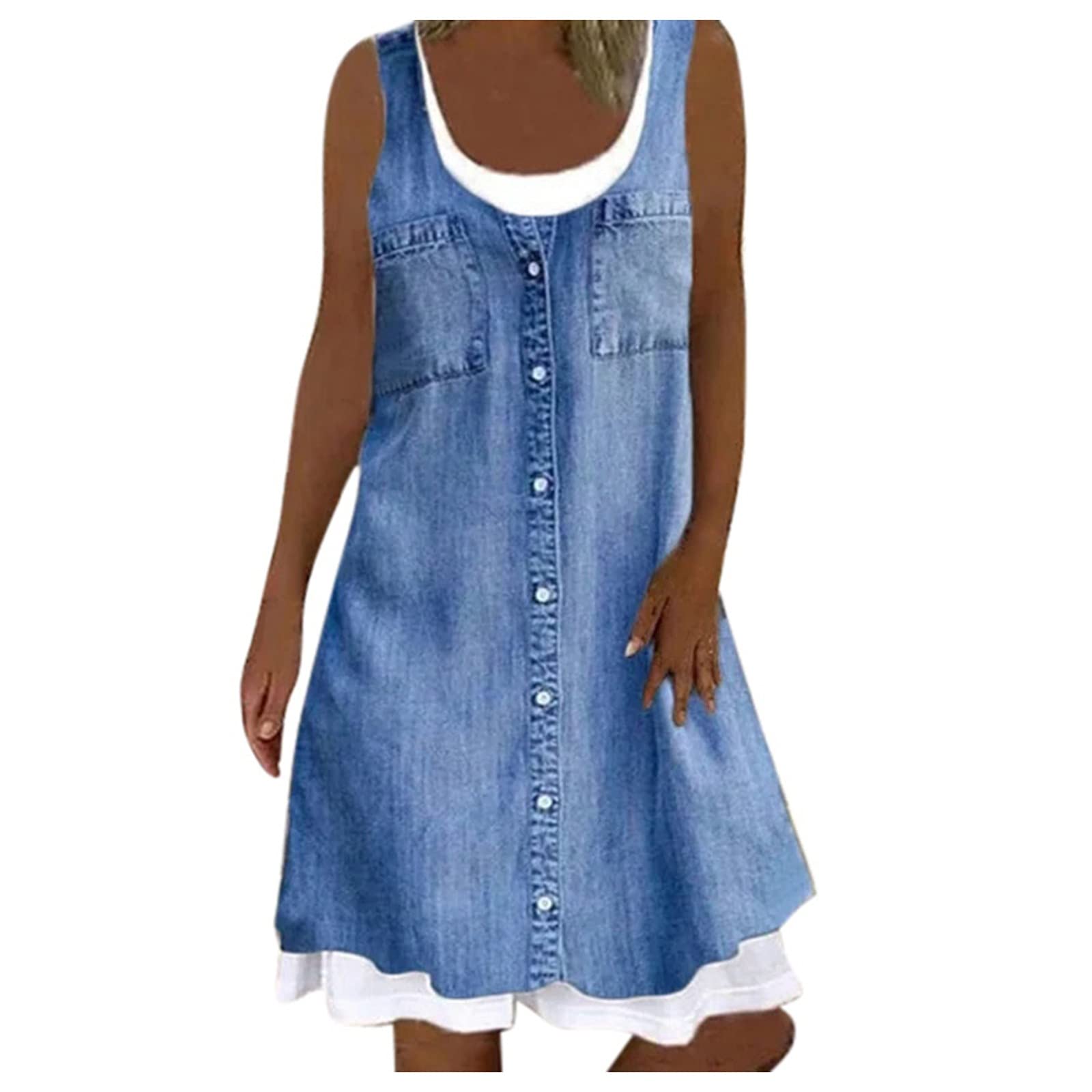 Women's V-Neck Mini Sleeveless Denim Print Casual Dress - Perfect for Summer Outings, Beach Vacations & Date Nights