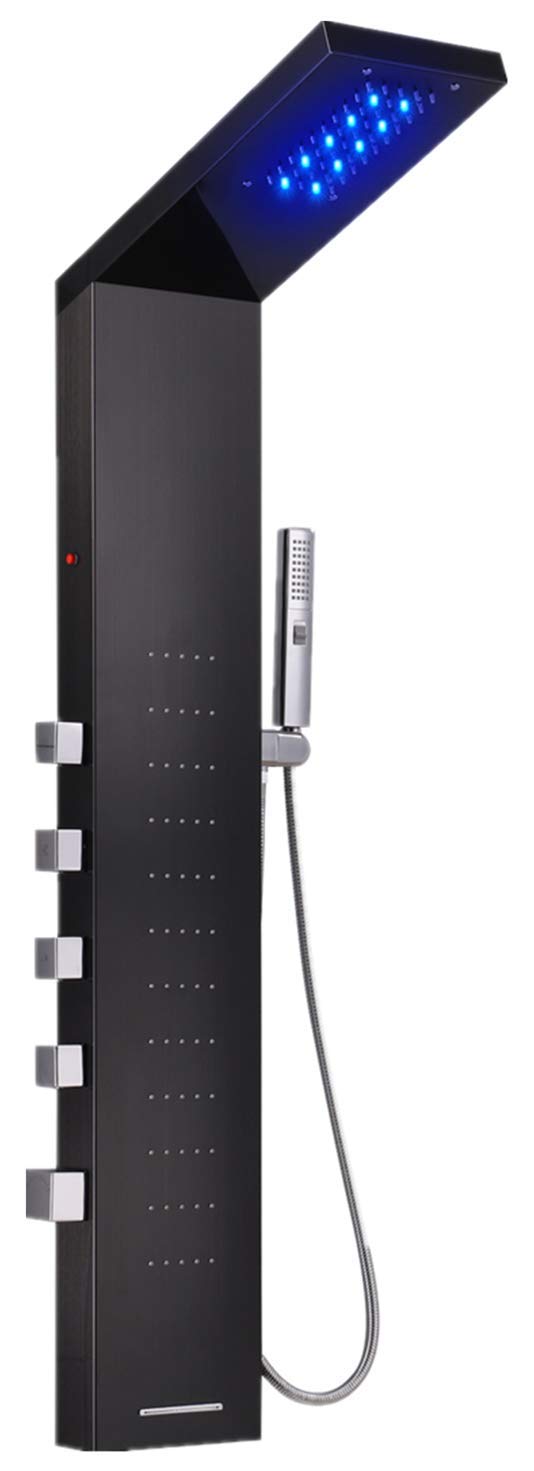 Premium LED Shower Panel Tower with Rainfall Shower Head & Body Massage Jets - Brushed Black Finish for Luxurious Spa Experience | Perfect for Master Bathroom, Hotel Suites & Relaxing Home Spa Retreats
