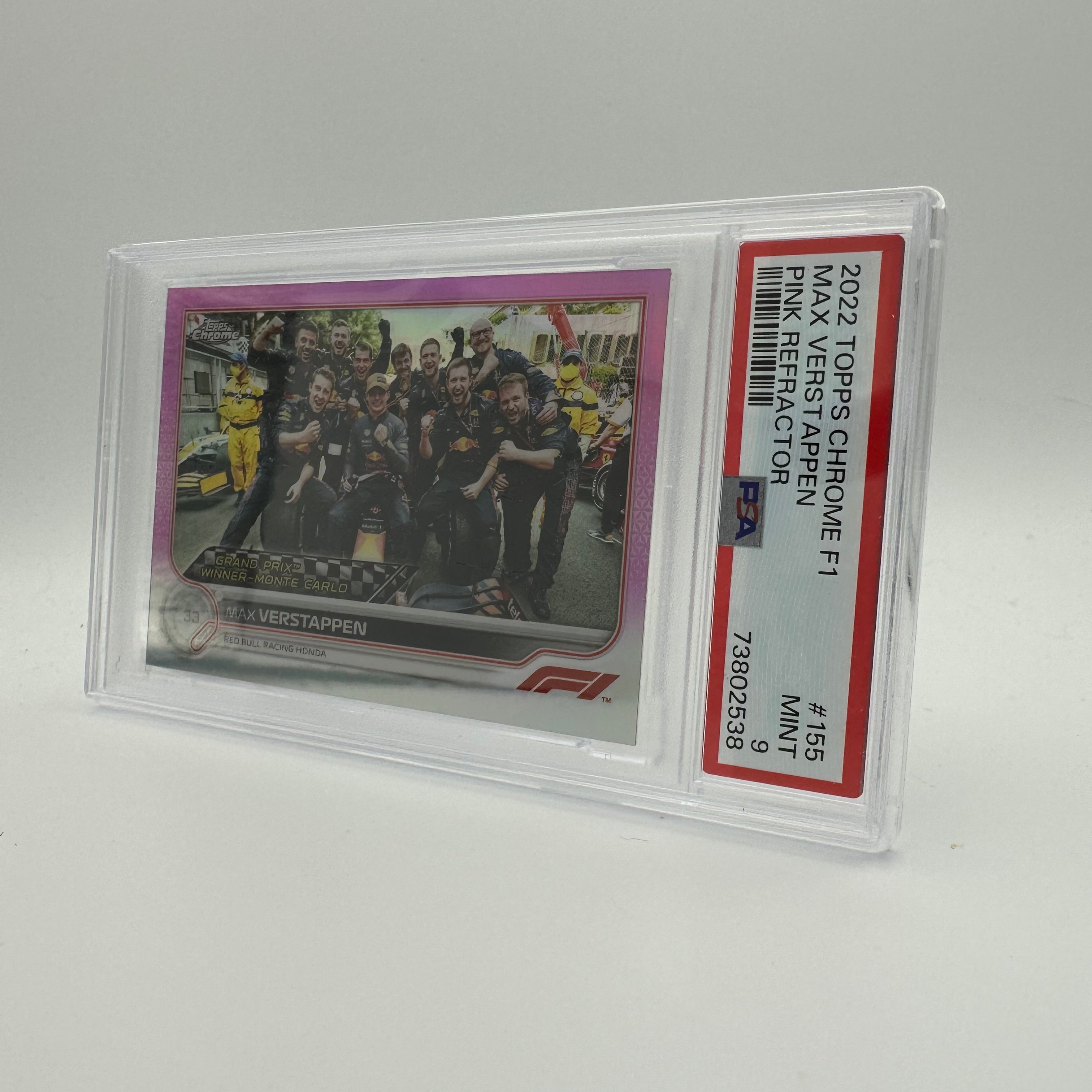 2022 Topps Chrome F1 Max Verstappen #155 Pink Refractor PSA 9 - Rare Formula 1 Racing Card for Collectors & Fans, Perfect for Display & Investment