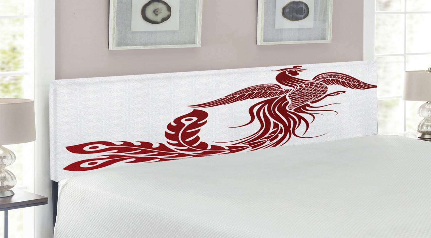 Ambesonne King Size Upholstered Phoenix Headboard - Traditional Chinese Magic Bird Design with Majestic Wings & Peacock Feathers, Boho Style Metal Bed Frame with Memory Foam in Ruby White | Perfect for Bedroom Decor, Feng Shui Home Design & Bohemian Style Interiors