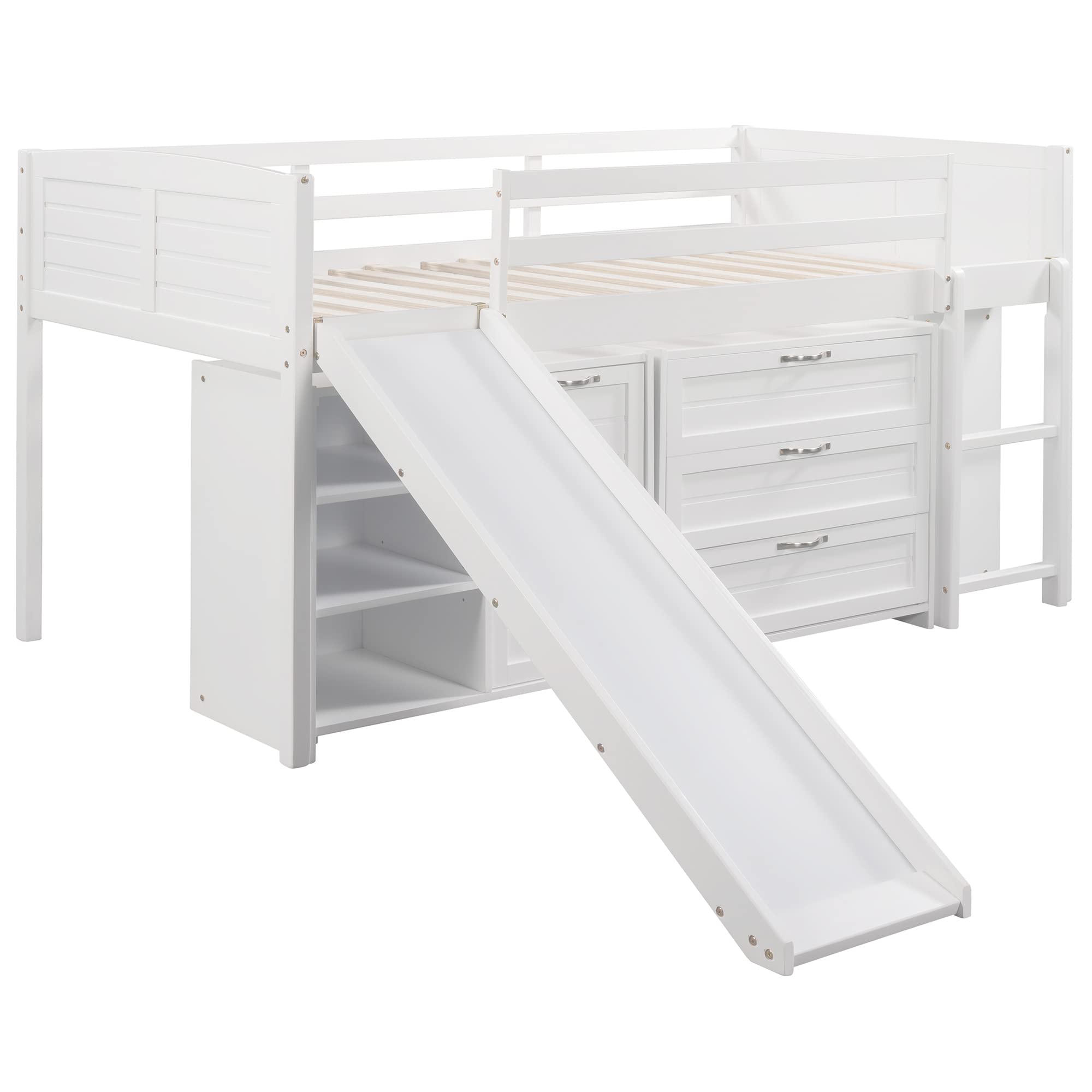 Harper & Bright Designs Solid Wood Low Twin Size Loft Bed with Slide, Drawers & Bookshelf - Kids Cabin Bed Frame for Bedroom or Playroom - Perfect for Small Spaces & Sleepovers (White)