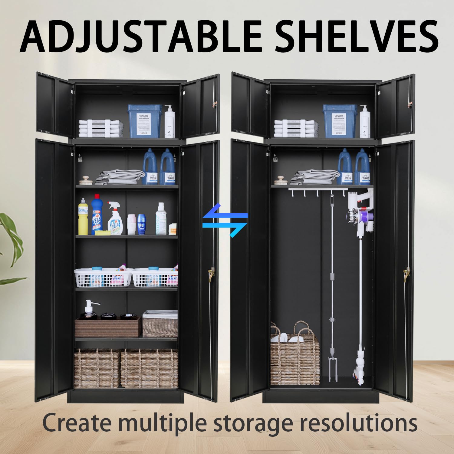 Metal Storage Cabinet with Lock - 2 Lockable Doors & 4 Adjustable Shelves for Garage, Office, Home, Gym, School | Heavy Duty Black Steel Organizer for Tools, Supplies & Pantry Items