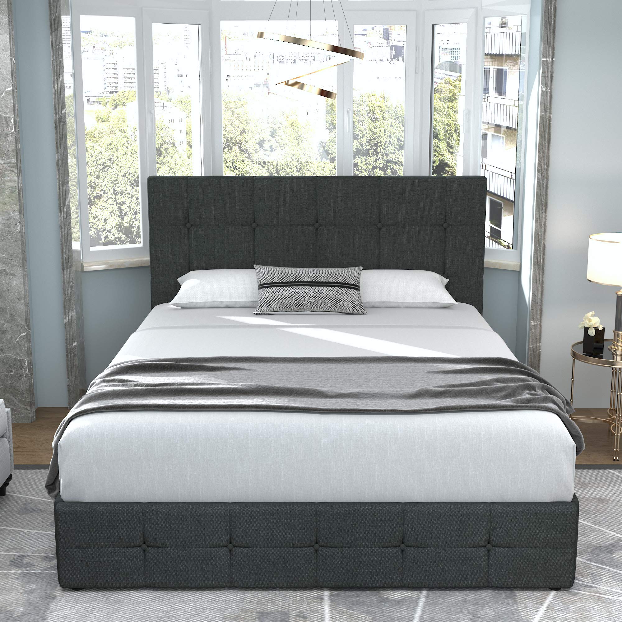 Allewie Full Size Upholstered Platform Bed Frame with 4 Storage Drawers & Headboard - Square Stitched Button Tufted Design, Wooden Slat Support (No Box Spring Needed) - Dark Grey - Perfect for Small Bedrooms, Guest Rooms & Space-Saving Storage Solutions