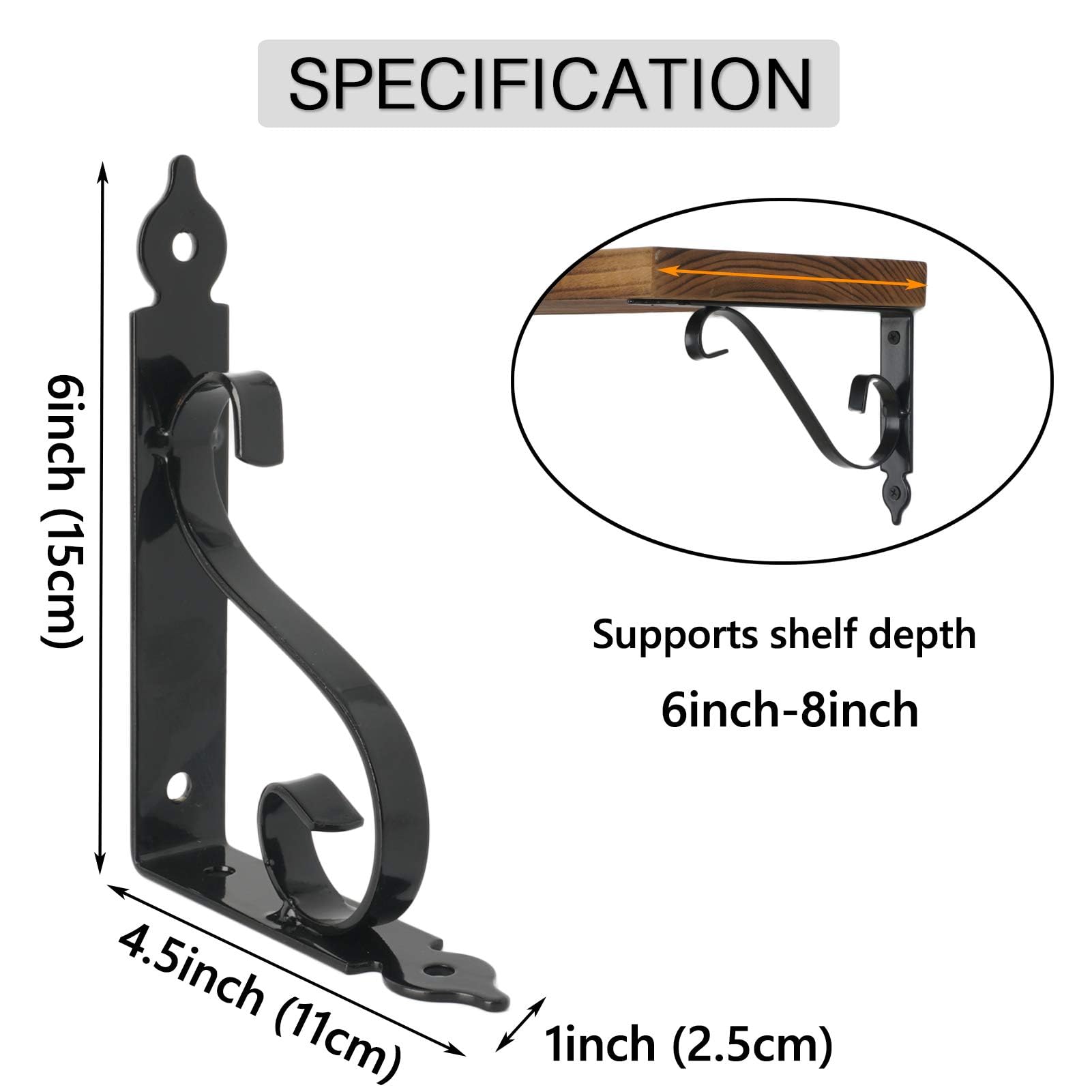 OVOV 4 Pack 6 Inch Black Metal Floating Shelf Brackets - Heavy Duty L-Shaped Wall Mounted Shelving Supports for Home Office, Kitchen & Bathroom Storage