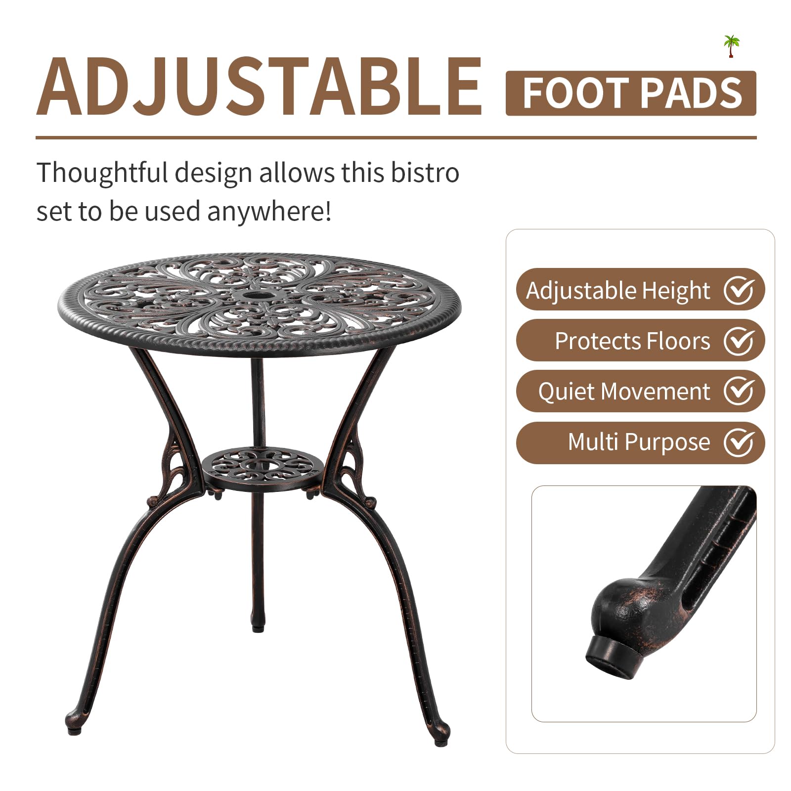 3 Piece Cast Aluminum Bistro Set - Bronze Outdoor Dining Table with 2 Chairs, Patio Furniture for Backyard, Balcony & Deck - Includes 1.97