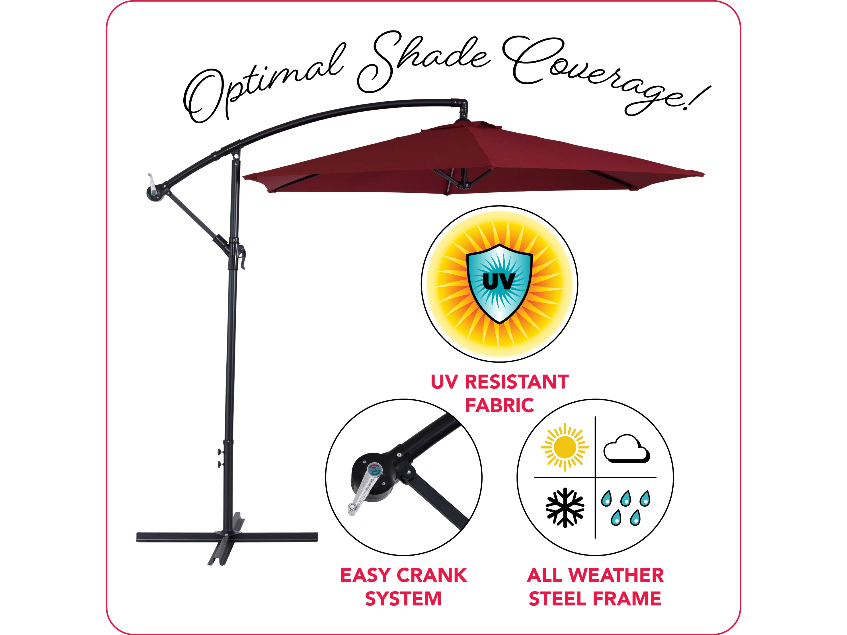 9ft Wine Red Cantilever Umbrella - Outdoor Patio Sun Shade with Adjustable Tilt - Perfect for Poolside, Garden, and Backyard Relaxation