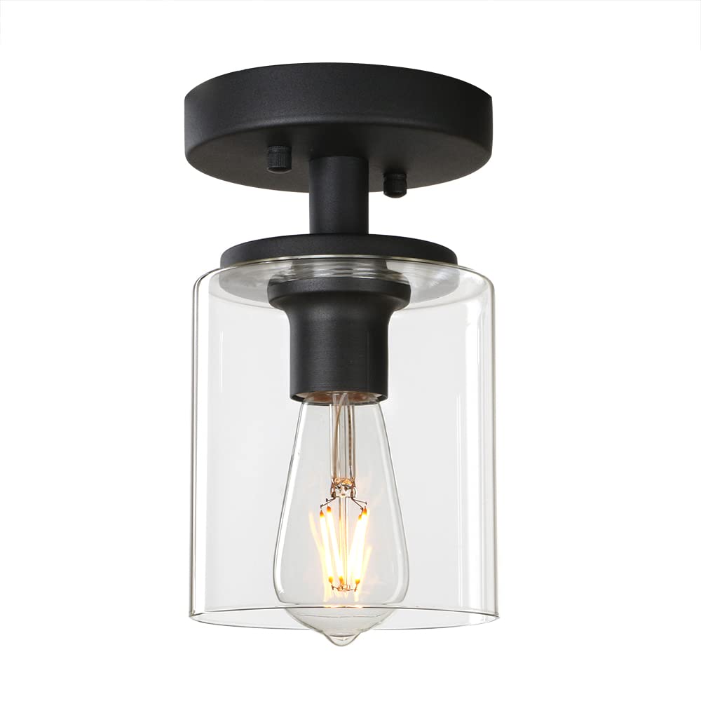 Pathson Industrial Ceiling Light Fixture with Glass Shade - 1-Light Flush Mount Pendant Lighting for Hallway, Loft, Kitchen & Bar - Modern Close-to-Ceiling Chandelier - Perfect for Farmhouse, Industrial & Vintage Home Decor