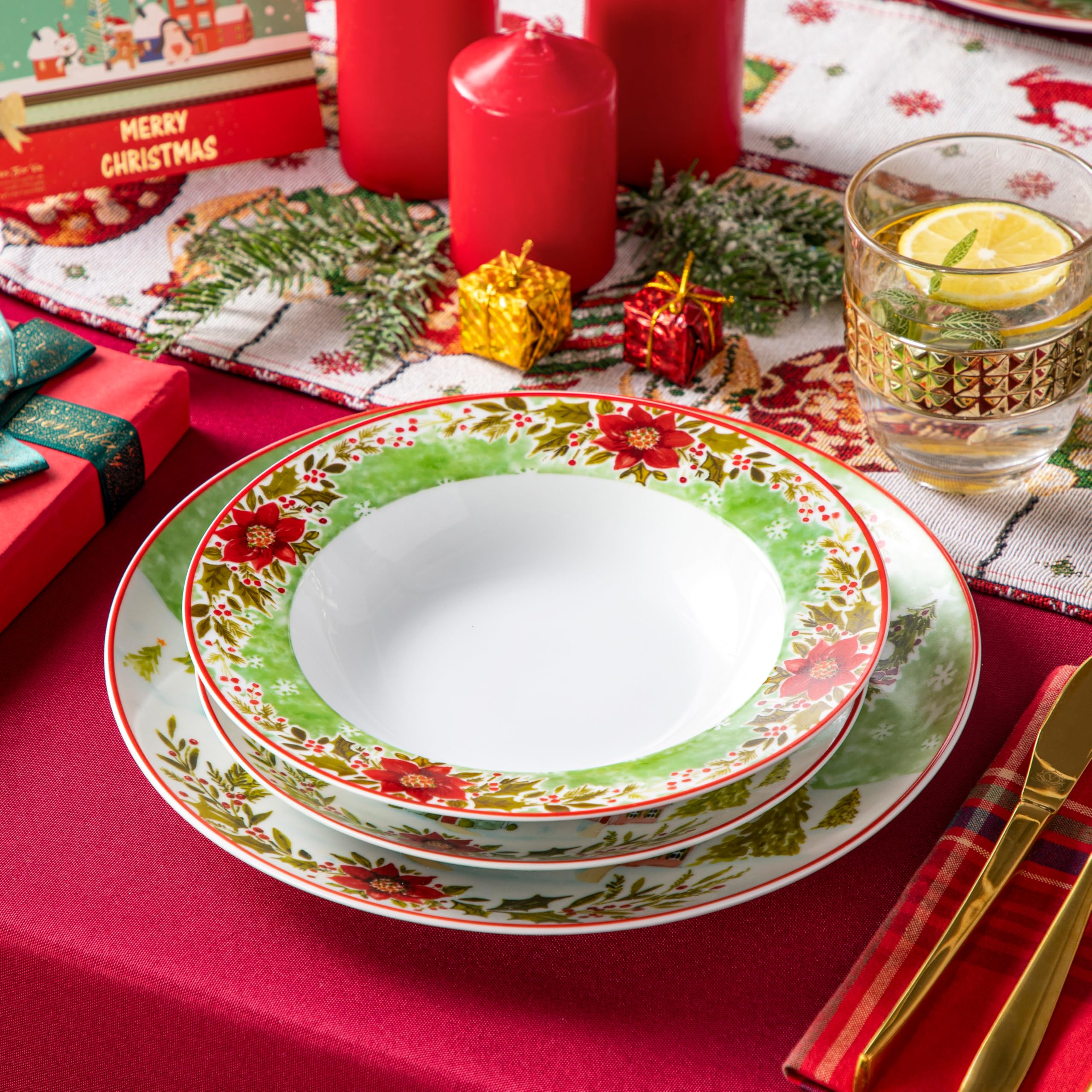 VEWEET 18-Piece Porcelain Christmas Dinnerware Set for 6 - 6 Dinner Plates, 6 Dessert Plates, 6 Soup Plates with Santa & Reindeer Design | Holiday Table Setting, Christmas Party, Festive Family Dinner