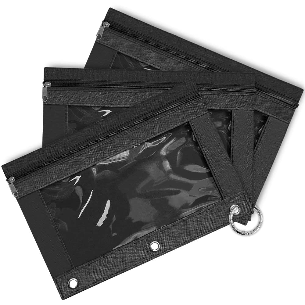 3-Pack Black Zipper Pencil Pouch with Clear Window for 3-Ring Binder - Large Capacity Multi-Color School Supplies Organizer - Perfect for Students, Office & Classroom Organization