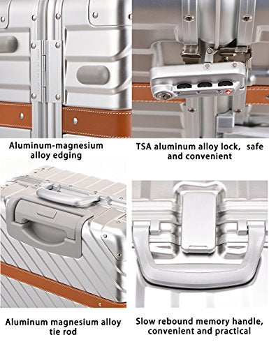 Lightweight Aluminum Magnesium Alloy Hardshell Carry-On Luggage - TSA Approved 24 Inch Silver Suitcase for Air Travel & Business Trips