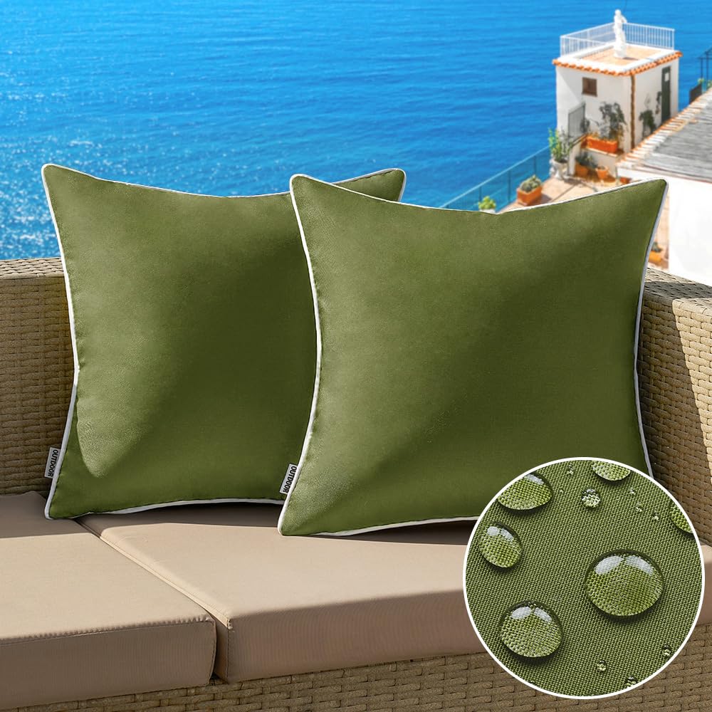 MIULEE 2-Pack Waterproof Outdoor Pillow Covers - 18x18 Inch Square Decorative Farmhouse Throw Pillows for Sofa, Couch, Patio & Tent (Moss Green) | Perfect for Living Room, Bedroom & Outdoor Furniture Protection