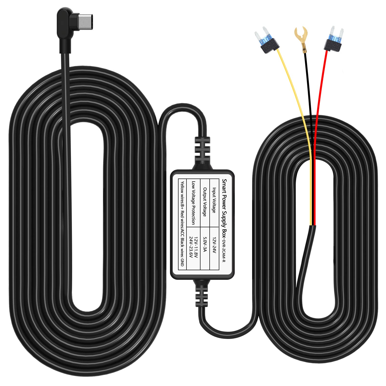 USB C Dash Cam Hardwire Kit - 12V-24V to 5V/3A Converter with Low Voltage Protection & 11.5ft Type C Cable for Car Dash Cameras | Perfect for Continuous Recording & Parking Mode Surveillance