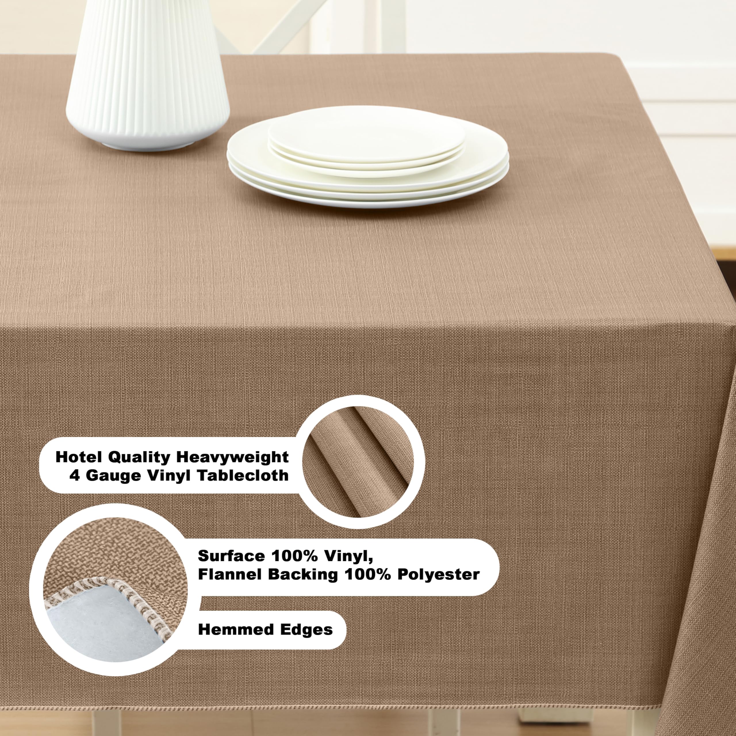 Premium Heavy 4 Gauge Vinyl Flannel Backed Tablecloth - Cafe Hotel Linen Look Solid Taupe - 60x84 Inch Rectangle - Indoor/Outdoor Wipe Clean - Perfect for Restaurants, Weddings & Outdoor Dining