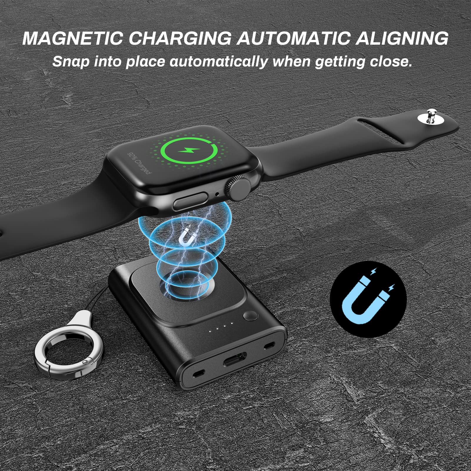Portable Magnetic Wireless Charger for Apple Watch Ultra 2/9/Ultra/8/7/6/SE/5 - 1800mAh Travel Power Bank with Keychain | Perfect for Gym, Travel & Everyday Use