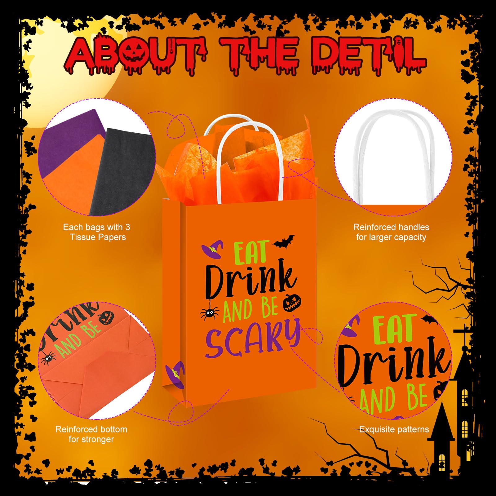 Silkfly Halloween Treat Bags with Tissues - 8.3'' Halloween Paper Gift Bags with Handles for Candy, Snacks & Party Favors - 4 Festive Designs - Perfect for Halloween Parties, Birthday Celebrations & Holiday Gift Wrapping