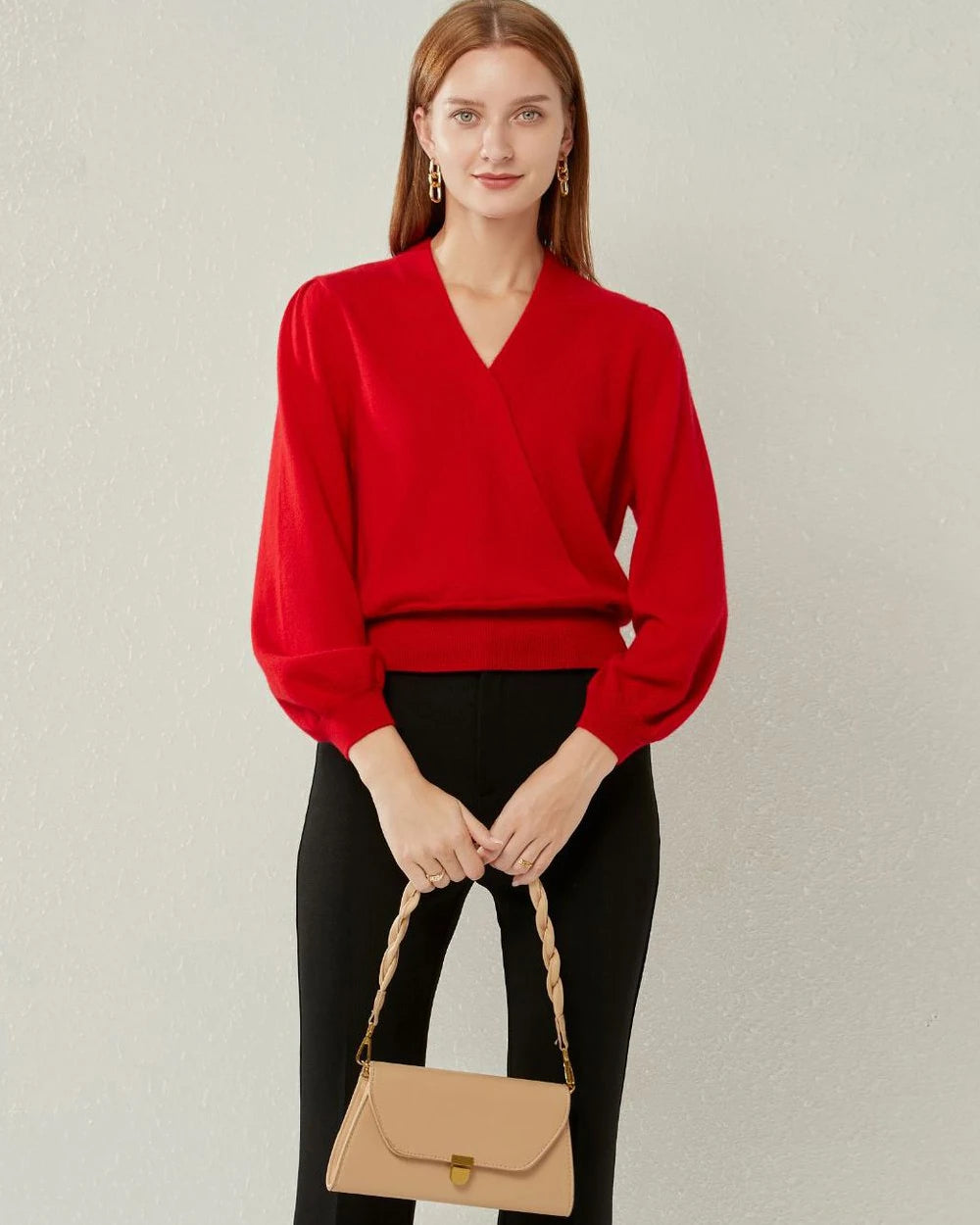 V Neck Lantern Sleeve Cashmere Sweater Women's - Soft Luxurious Winter Pullover for Office, Date Night & Holiday Outfits