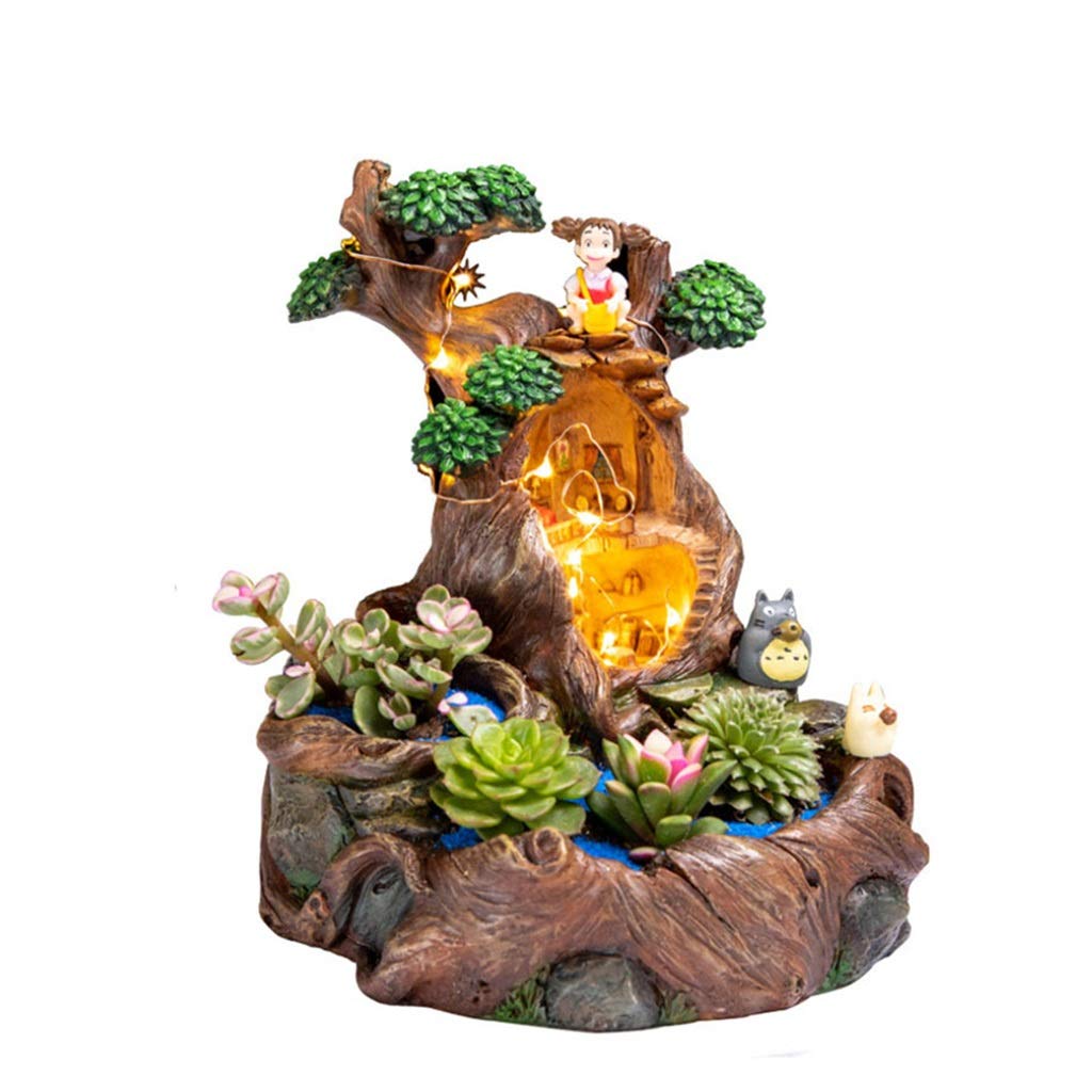 Creative Micro Landscape Resin Flower Pot with LED Light - Tree House Design Succulent Planter for Cactus, Bonsai & Home Decor | Perfect for Office Desk, Living Room & Gift Giving