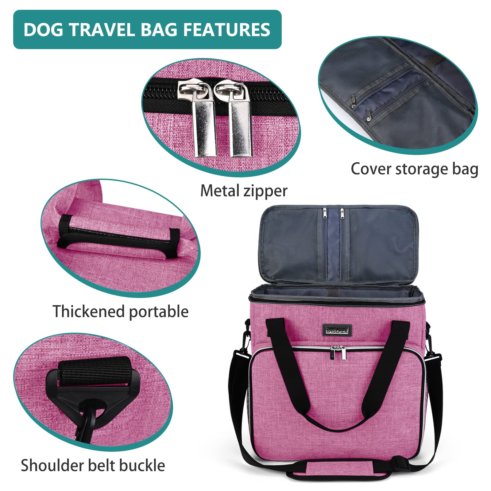 BAGLHER Dog Travel Bag - Waterproof Pet Carrier with 2 Food Containers & Collapsible Bowls | Essential Travel Accessories for Dogs & Cats | Perfect for Road Trips, Airplane Travel & Outdoor Adventures (Pink)