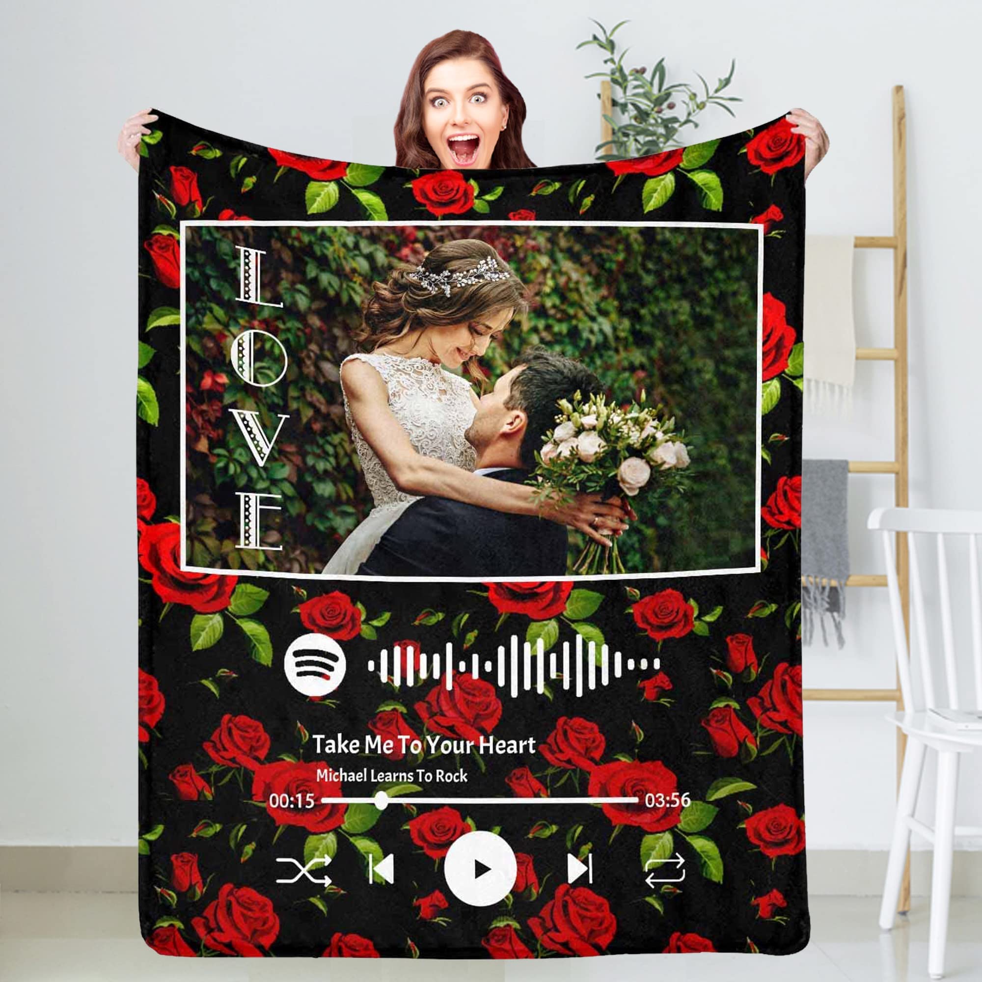 Custom Spotify Code Music Blanket - Personalized Photo Blankets for Couples & Families - Flannel Throw with Custom Images of Loved Ones, Pets - Unique Birthday, Christmas, Valentine's Day Gifts Made in USA - Perfect for Cozy Nights, Romantic Dates & Family Movie Nights