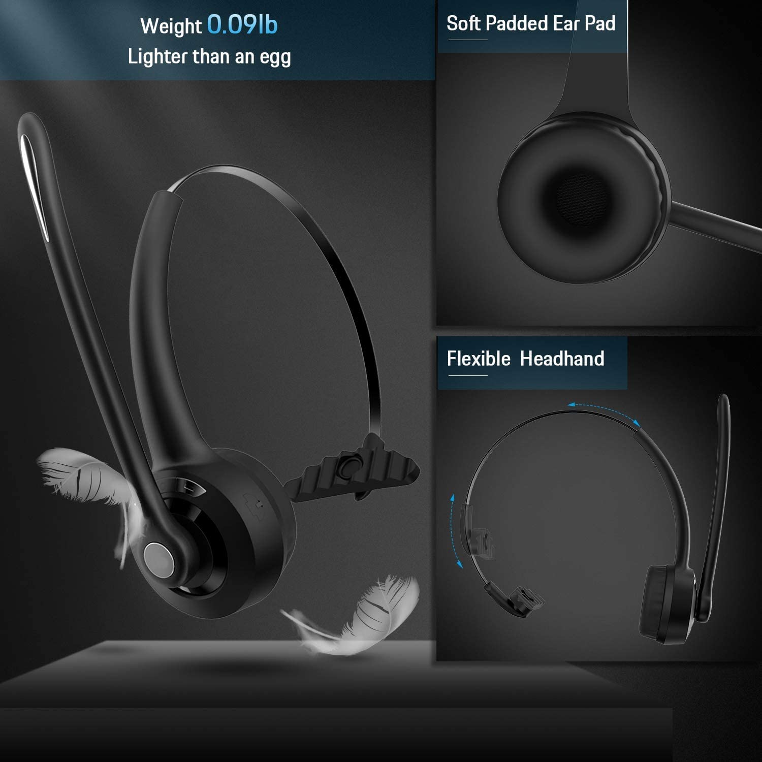 Best Wireless Headphones for Truck Drivers - Pro Trucker Headset with Microphone, Over-Ear Bluetooth Headphones for Calls, Skype, Office & Call Center Use | Long-Haul Driving, Online Meetings & Remote Work