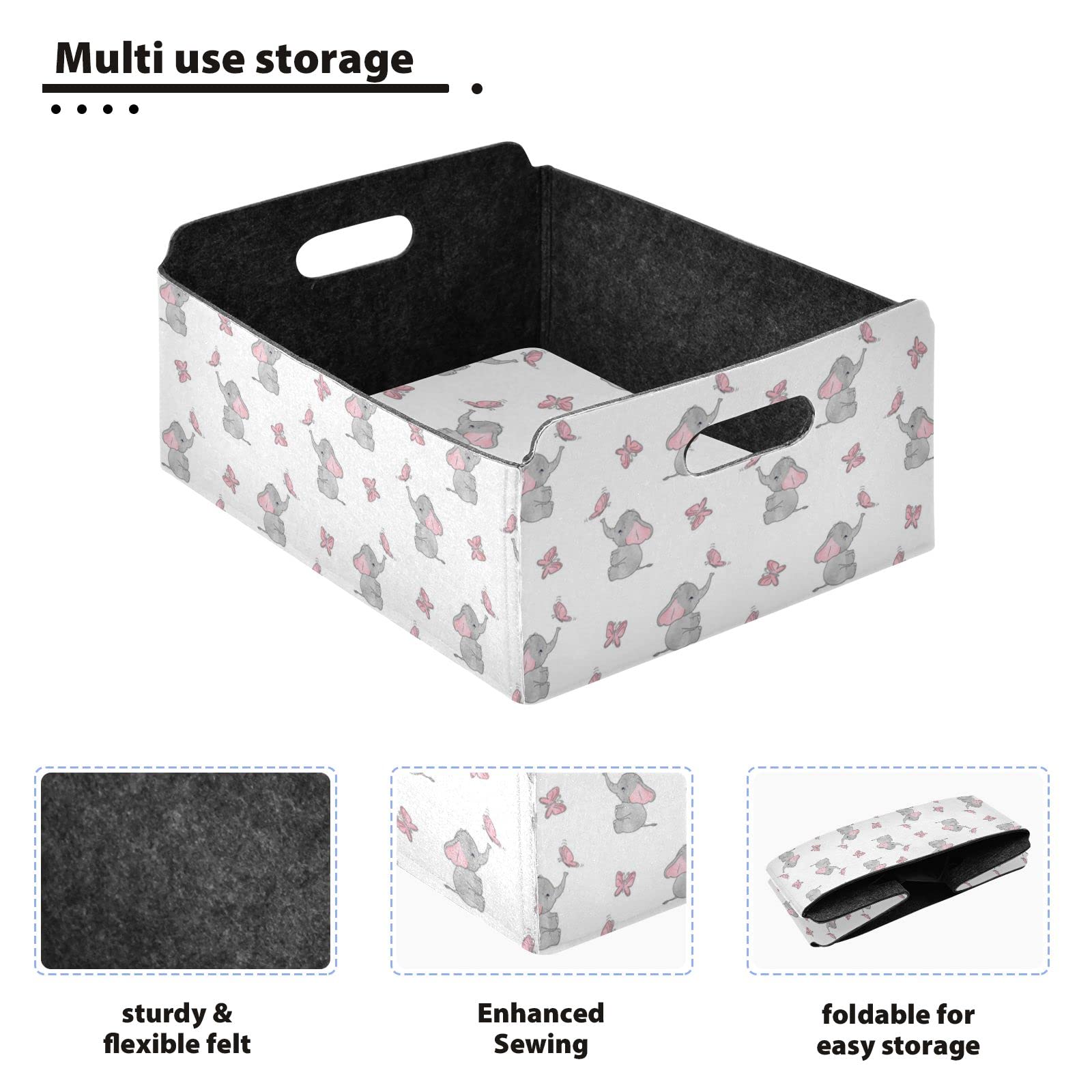 Elephant & Butterfly Design Rectangular Felt Desk Organizer Tray - Detachable Storage Plate for Jewelry, Vanity & Counter Tissues | Foldable Valet Tray for Home Office Organization (Perfect for Makeup, Keys & Small Accessories)