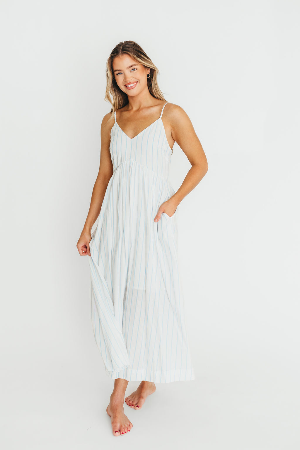 Genesis Stripe Midi Dress - White & Blue Floral Summer Dress for Women | Beach Wedding, Party & Casual Wear
