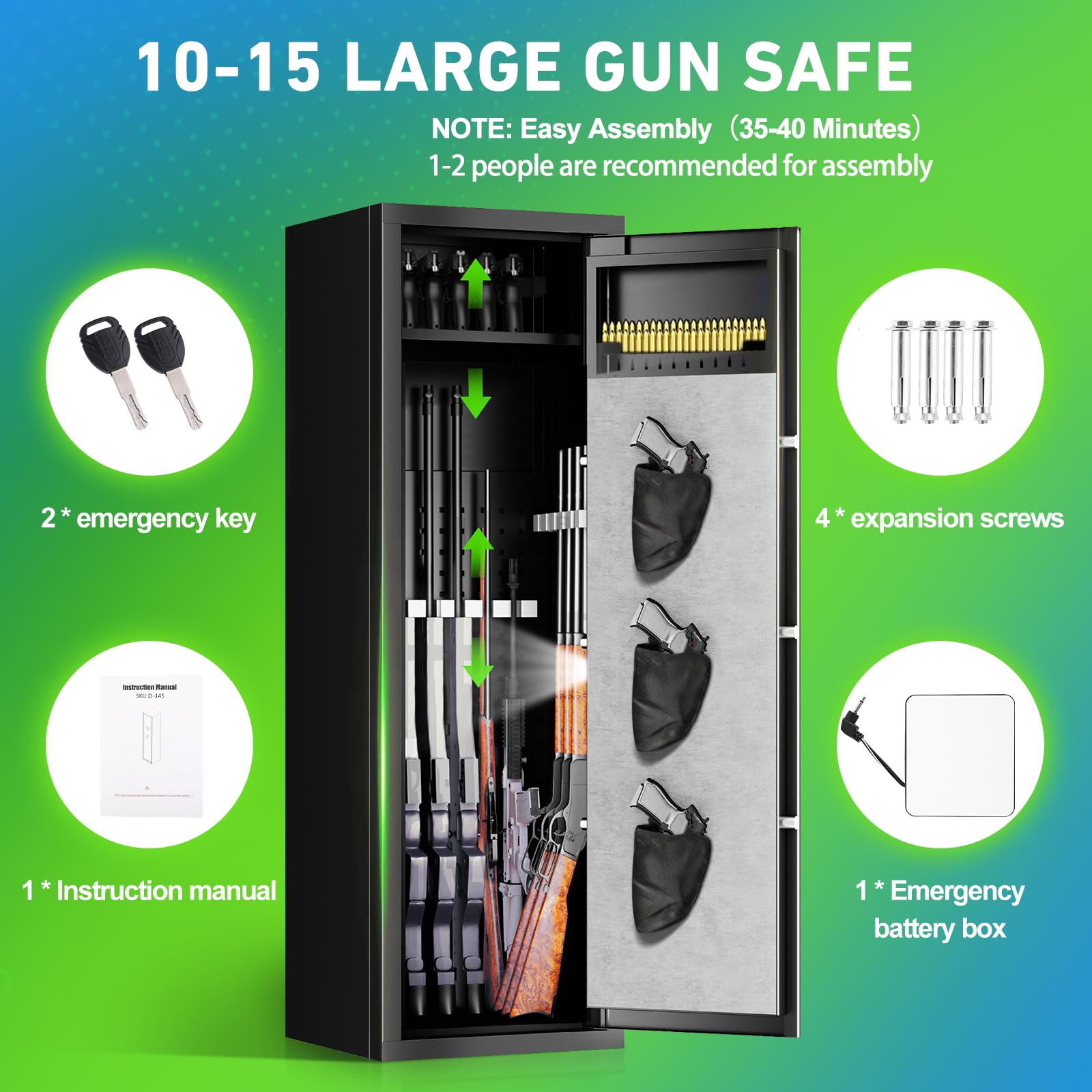 10-15 Large Gun Safes for Home - Rifle & Pistol Storage with Quick Access (Assembled/Unassembled) - Perfect for Bedroom, Closet, or Office Security
