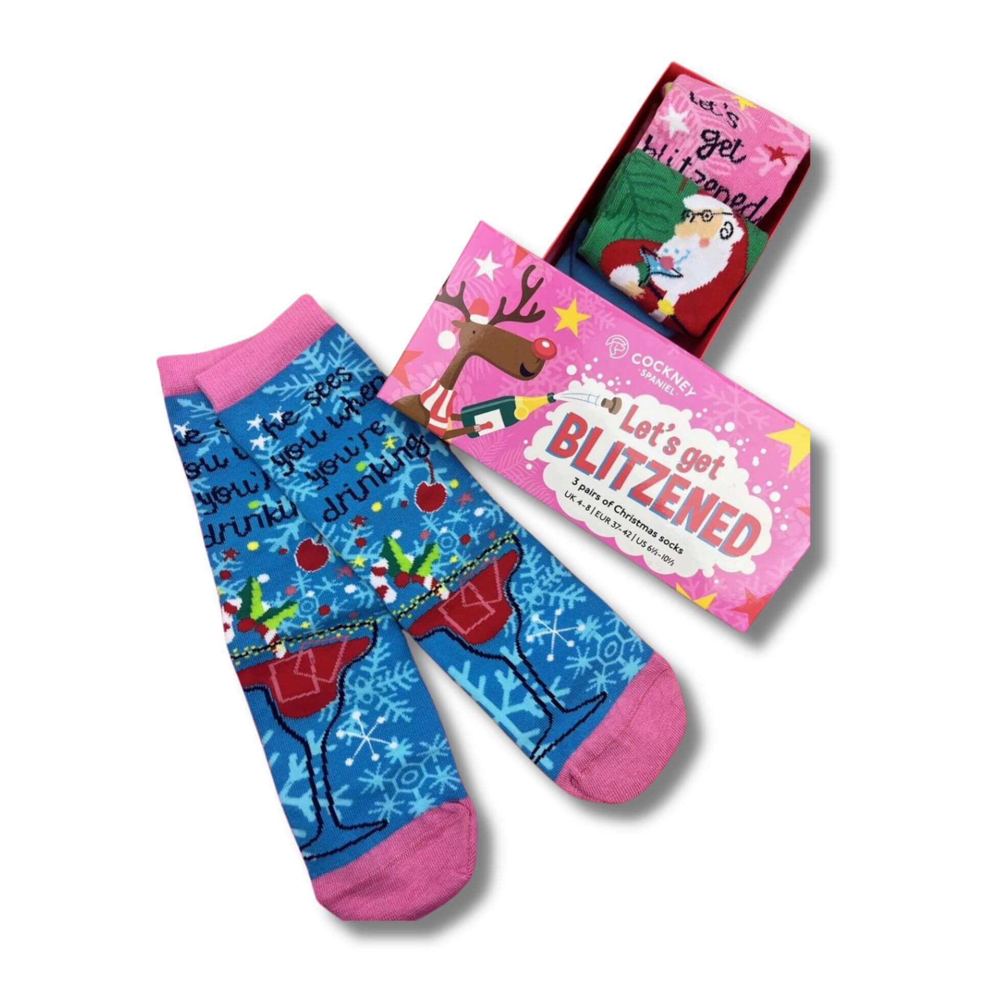 3 Pairs of Festive Christmas Socks with Cockney Spaniel Design - Funny Holiday Novelty Socks for Women & Men - Perfect for Xmas Parties, Gifts & Cozy Winter Wear