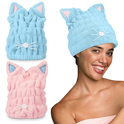 2PCS Microfiber Hair Towel Wrap for Women & Kids - Soft Quick Dry Hair Turban for Shower, Swimming & Sleeping - Cute Hair Wraps for Overnight Drying & Styling - Gentle Absorbent Hair Cap for Wet Hair Care