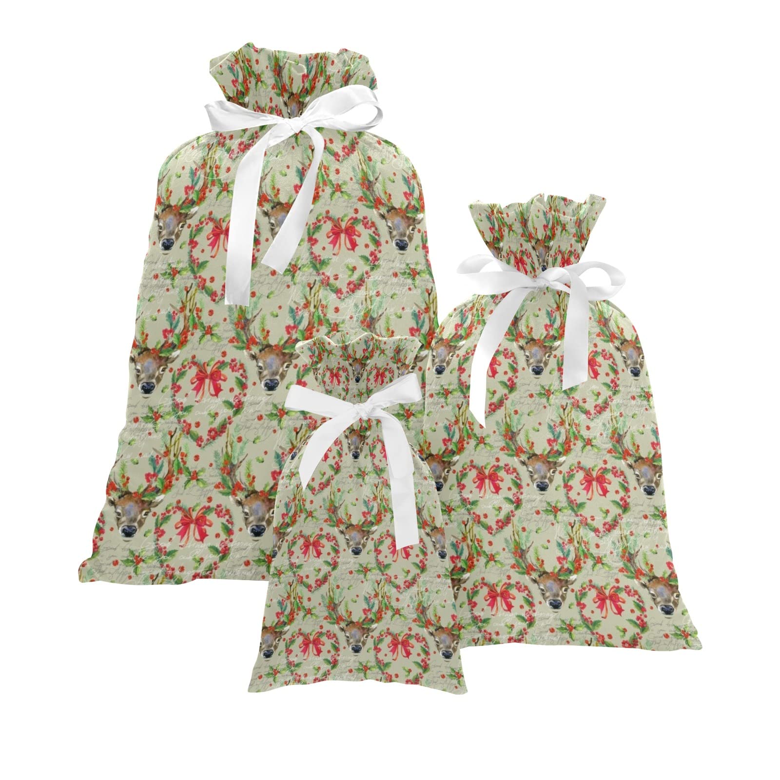 Vintage Christmas Floral Gift Bags with Ribbon - 3 Sizes (Small/Medium/Large) for Candy, Toys & Wrapping - Perfect for Women, Men, Kids & Pets (3-Piece Set) - Great for Holiday Parties, Gift Exchanges & Pet Treat Packaging