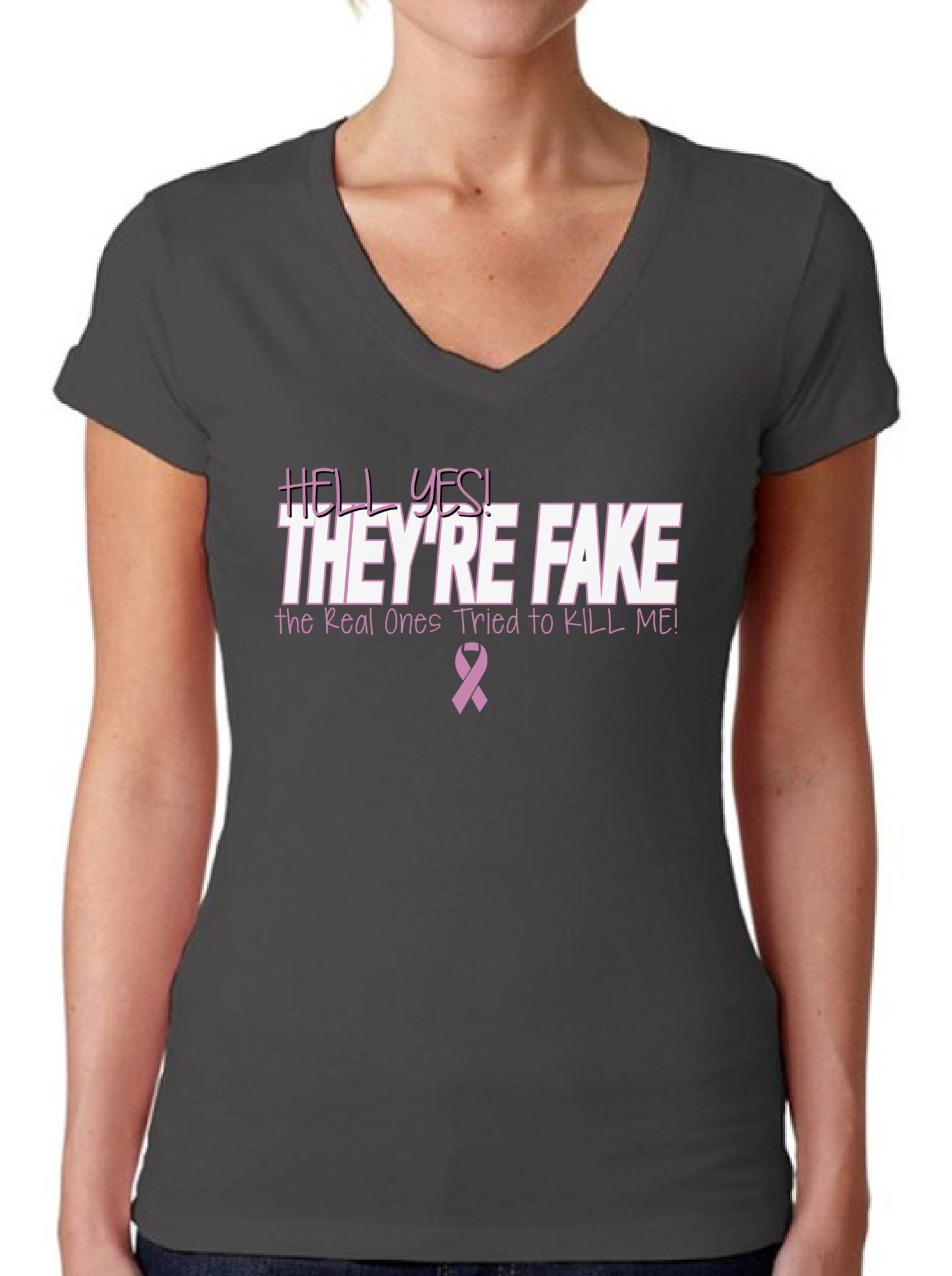 Awkwardstyles Women's Funny 'Hell Yes! They're Fake' V-Neck T-Shirt - Breast Cancer Awareness Shirt with Inspirational Bookmark - Perfect for Survivors, Supporters & Humor Lovers