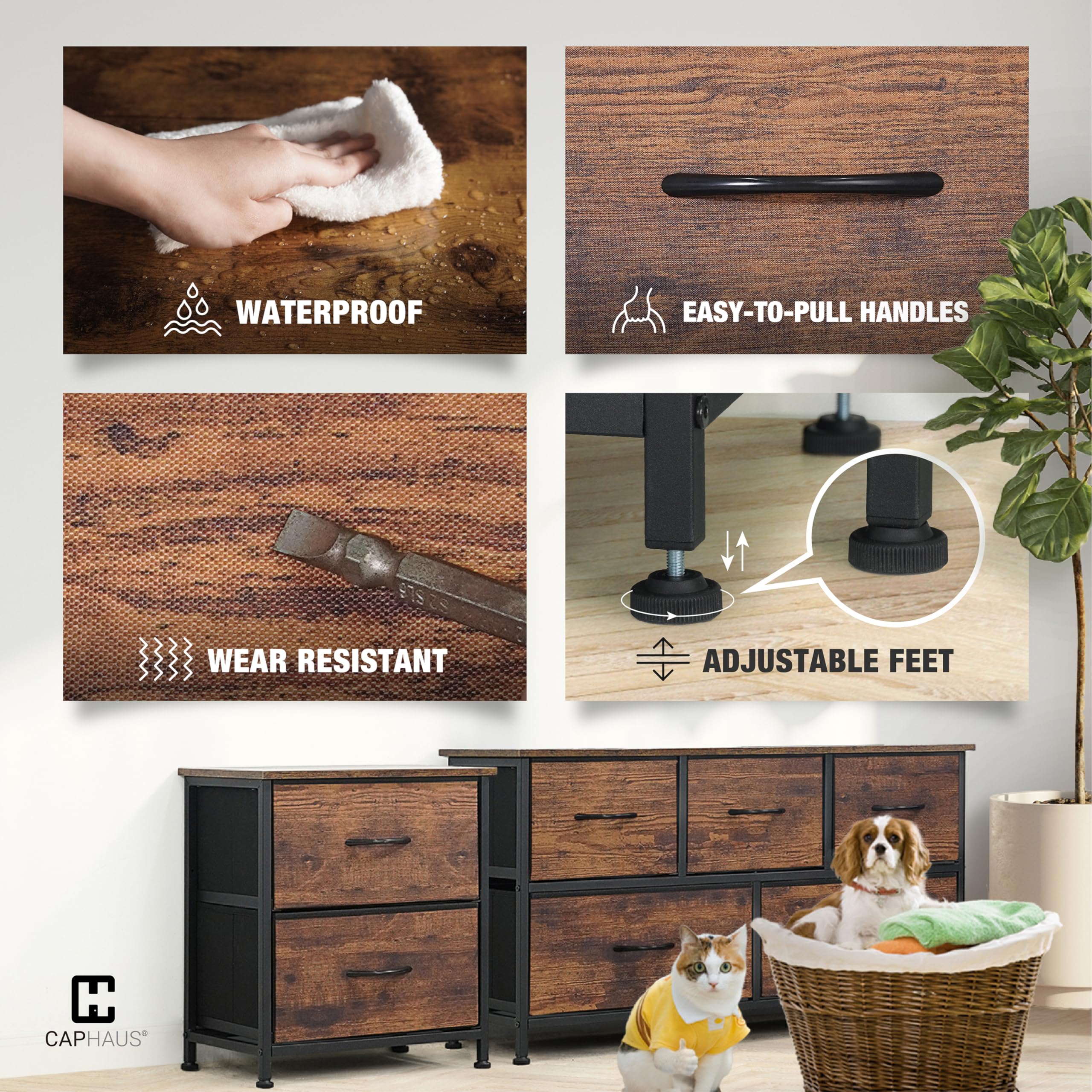 CAPHAUS 15-Bin Fabric Drawer Storage Tower with P2 Board Top - Laundry Organizer, Clothes Sorter, Multi-Purpose Chest of Drawers for Bedroom, Hallway & Office - Rustic Oak Finish for Home Organization