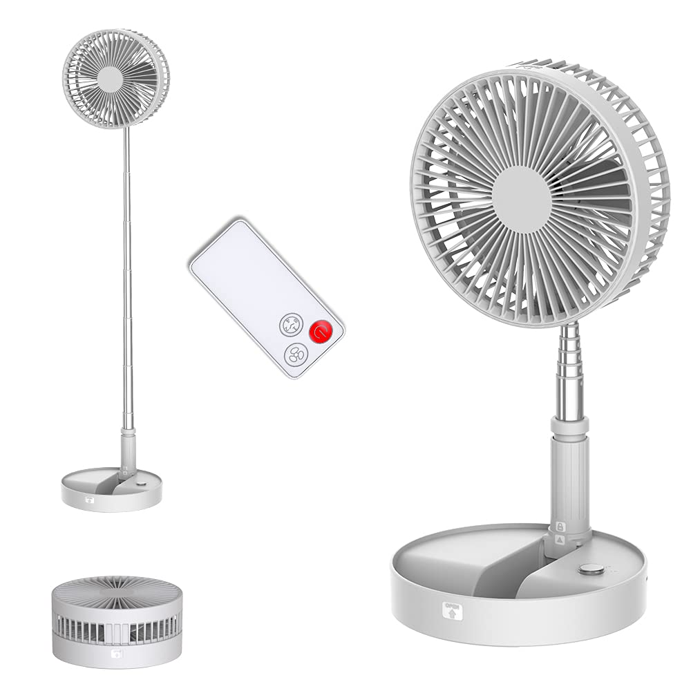 UN UNITEDTIME Portable Desk & Table Fan - Foldable Travel Fan with Remote Control, 4 Speed Settings, Adjustable Height, Battery/USB Powered - Perfect for Office, Home, Bedroom & Travel Use (White)