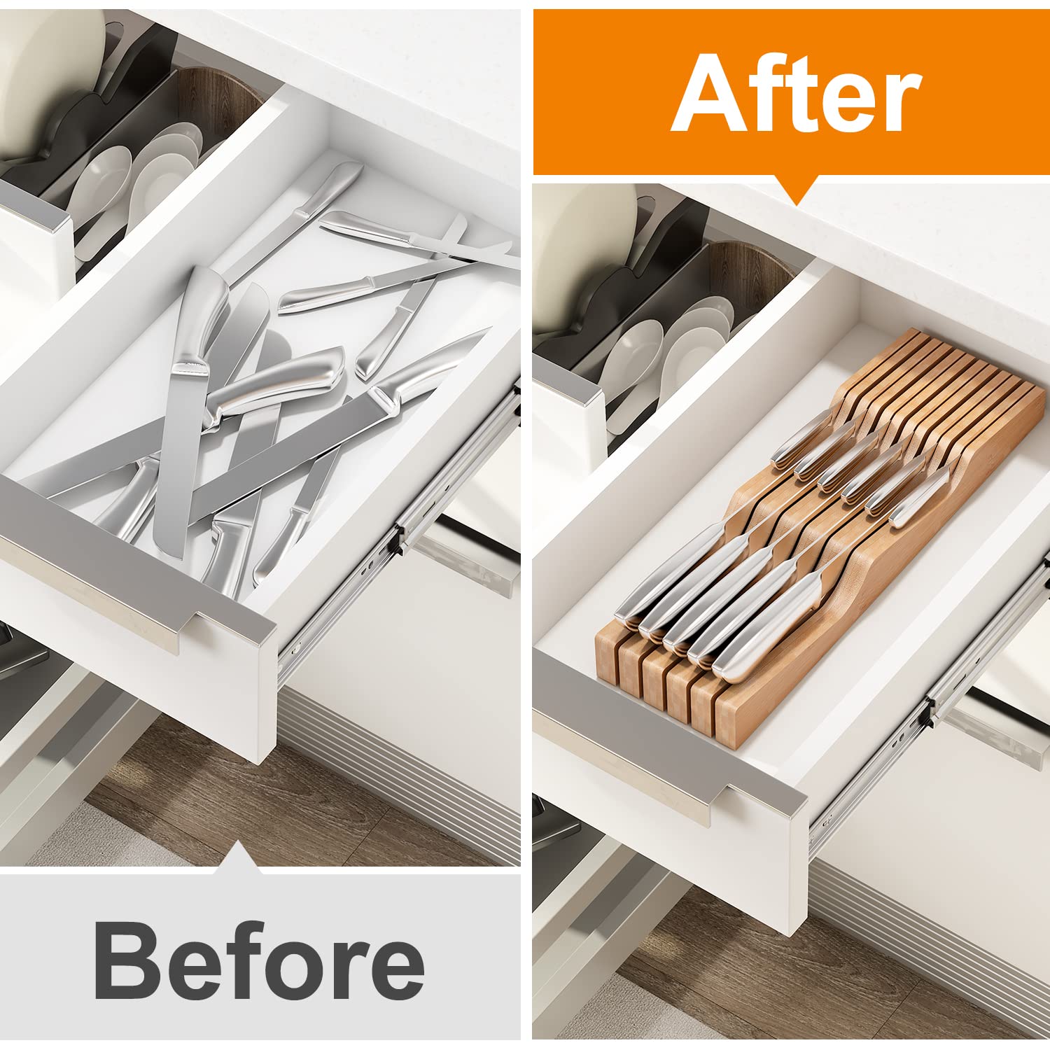 Bamboo Wood In-Drawer Knife Organizer Block - Holds 11 Knives (Knives Not Included) | Perfect for Kitchen Utensil Storage & Knife Protection