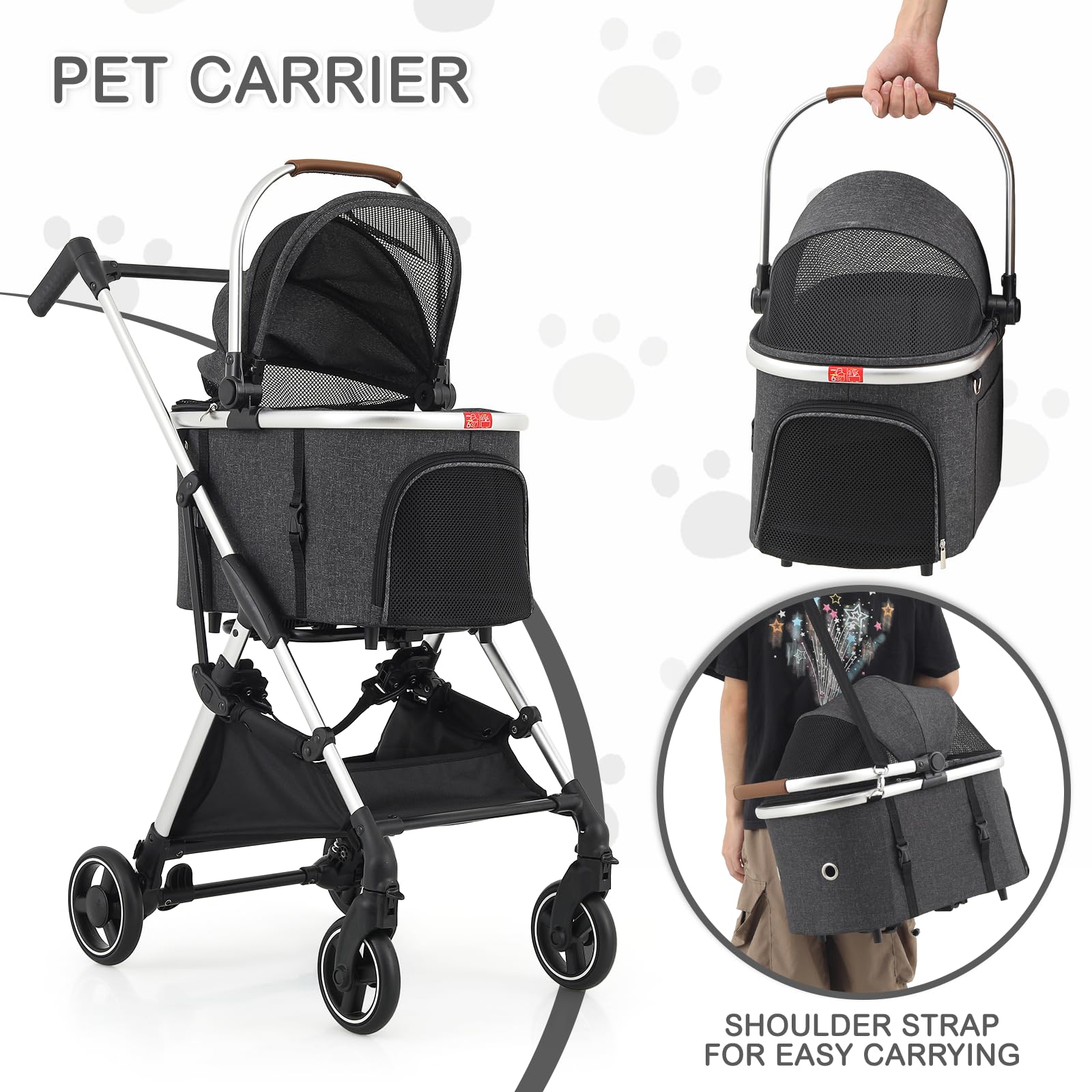 MoNiBloom Lightweight Pet Stroller for Small & Medium Dogs - Foldable Jogging Stroller with Detachable Carrier, Aluminum Frame - Dark Gray | Perfect for Travel, Walks & Outdoor Adventures