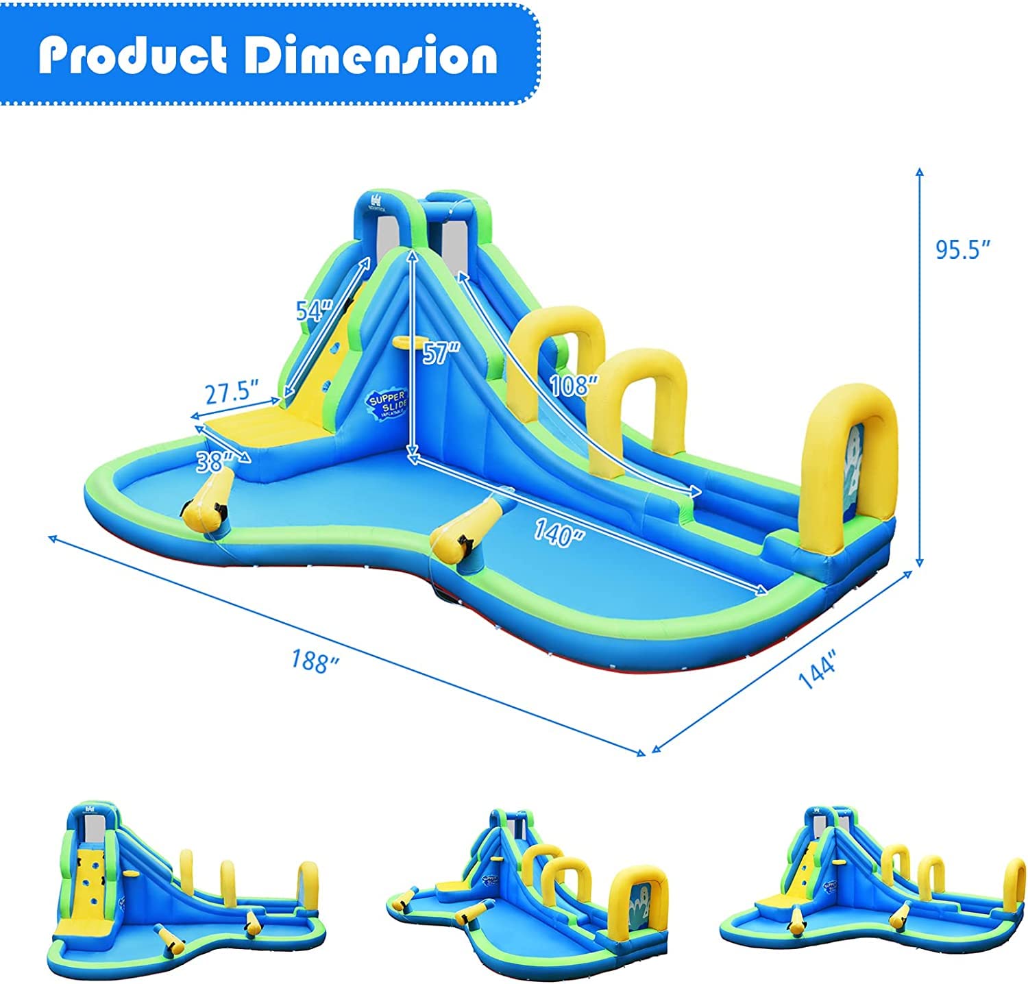 **HONEY JOY 5-in-1 Inflatable Water Slide Park with Water Cannons & Long Slide - Indoor/Outdoor Bouncy Castle for Kids & Adults - Backyard Summer Fun (Includes 735W Blower)**    **Perfect for backyard parties, family gatherings, summer celebrations, and outdoor water play!**