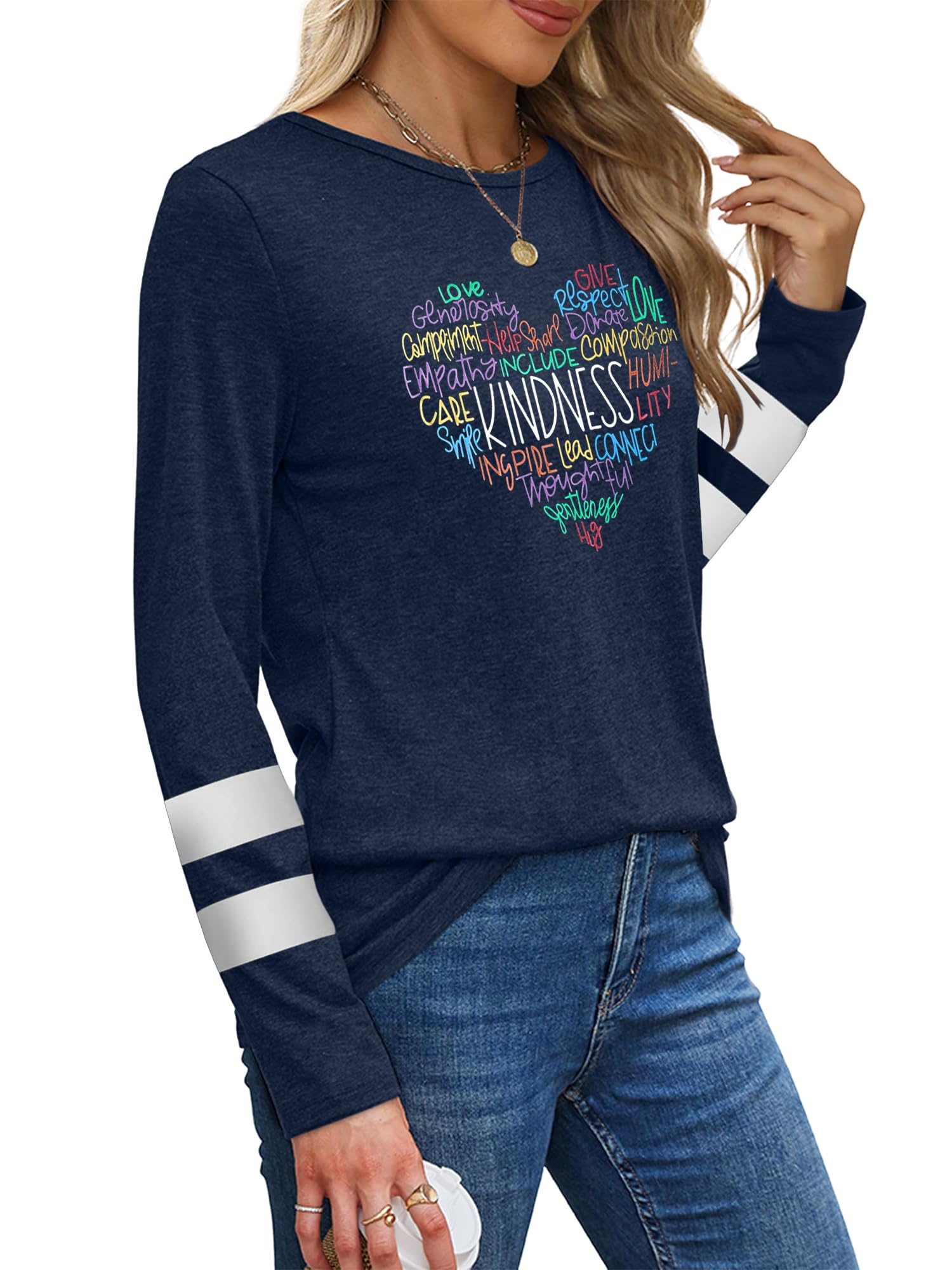 Anbech Women's Long Sleeve Graphic T-Shirt - Kindness Print Crew Neck Shamrock Tee Top for Casual Wear, St. Patrick's Day & Everyday Outfits