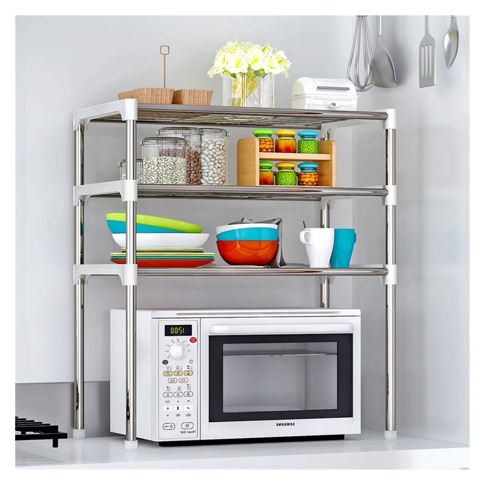 Stainless Steel Storage Rack - 3 Tier Bathroom Shelf, Kitchen Organizer, Microwave Stand, Home & Office Shelf for Tableware & Supplies (Silver) | Space-Saving Solution for Small Kitchens & Bathrooms
