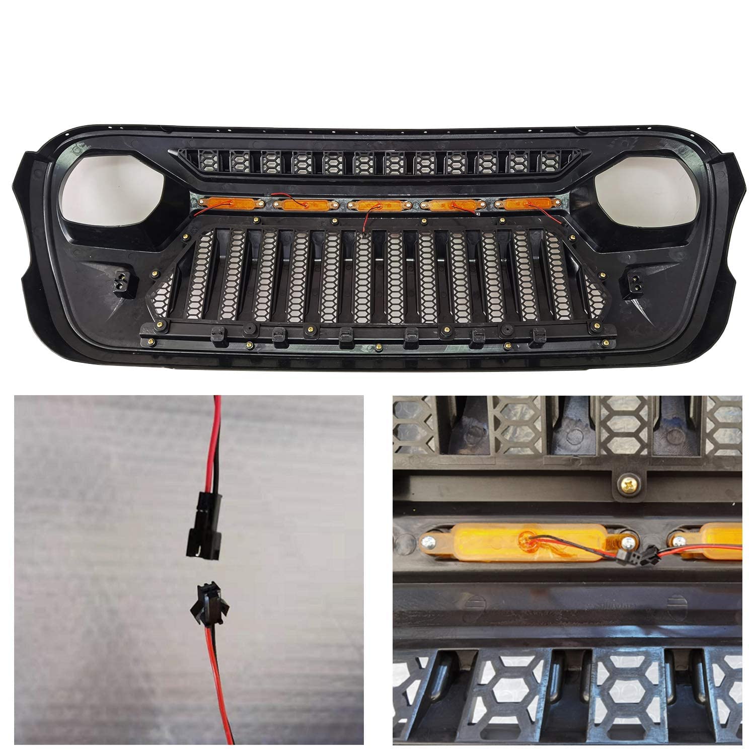 2018+ Jeep Wrangler JL/JLU & Gladiator JT Matte Black Mesh Grille Front Cover with Amber LED Running Lights | Off-Road Protection & Style Upgrade