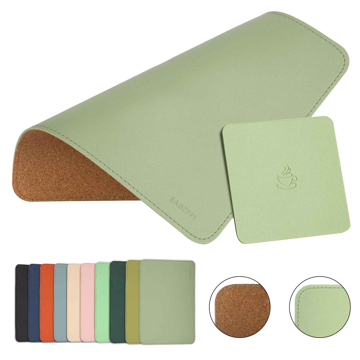 Premium Double-Sided Leather & Wood Mouse Pad with Stitched Edges - Non-Slip Desk Mat for Laptop, PC, Office & Home Use - 8x11 inch Coaster Mouse Pad (1 Pack, Matcha Green) - Perfect for Workstations, Gaming Setups & Home Offices