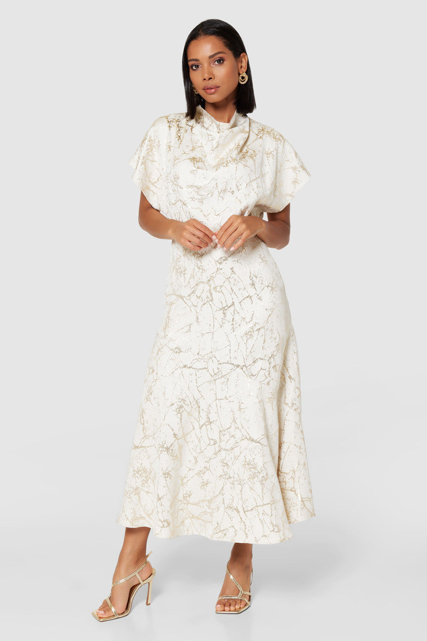 EVA Asymmetric Midi Dress in Cream & Gold - Elegant Women's Party & Evening Wear for Special Occasions